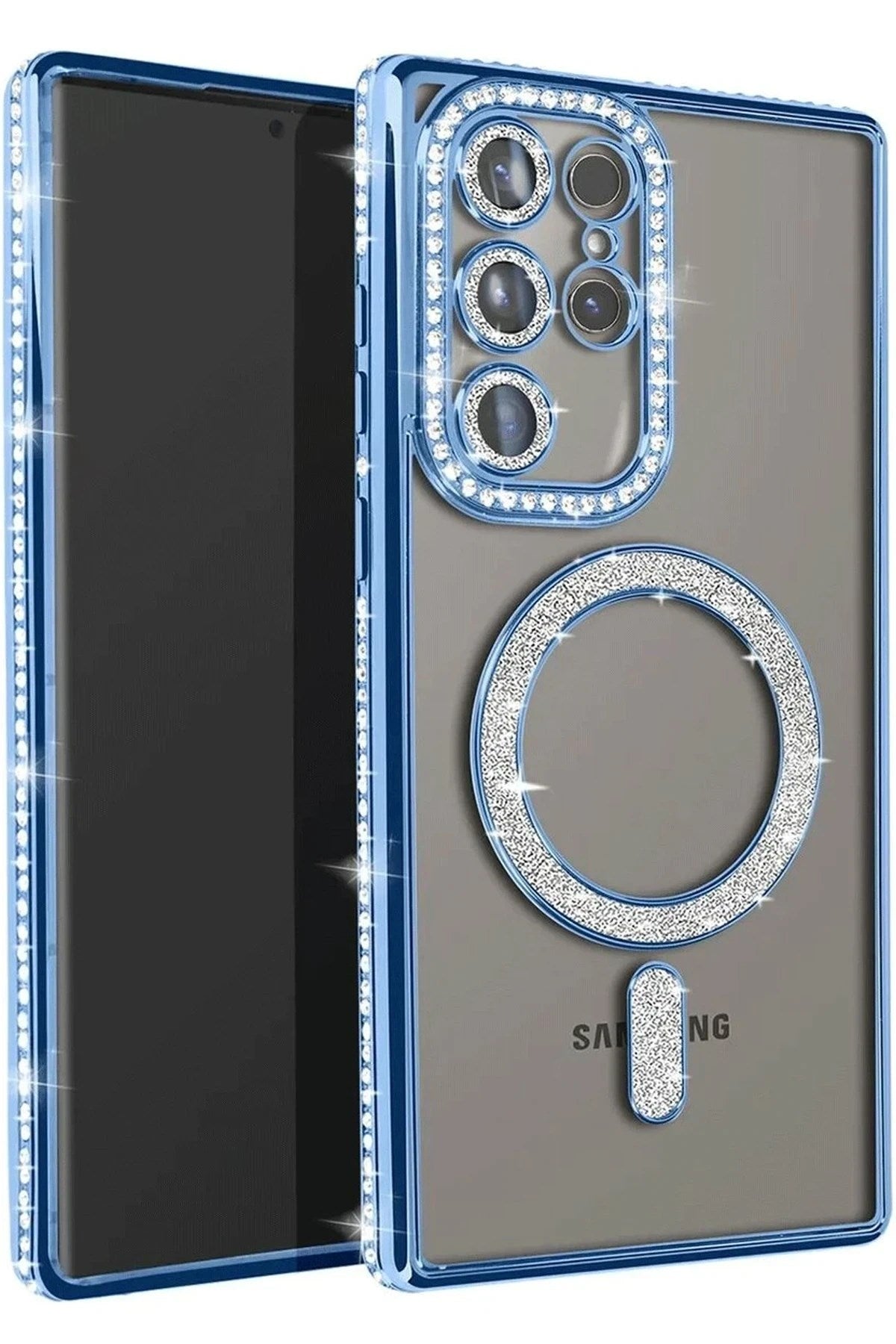 Mey İthalat® Samsung Galaxy S23 Ultra Joke Simli Magneticsafe Kılıf - Mavi
