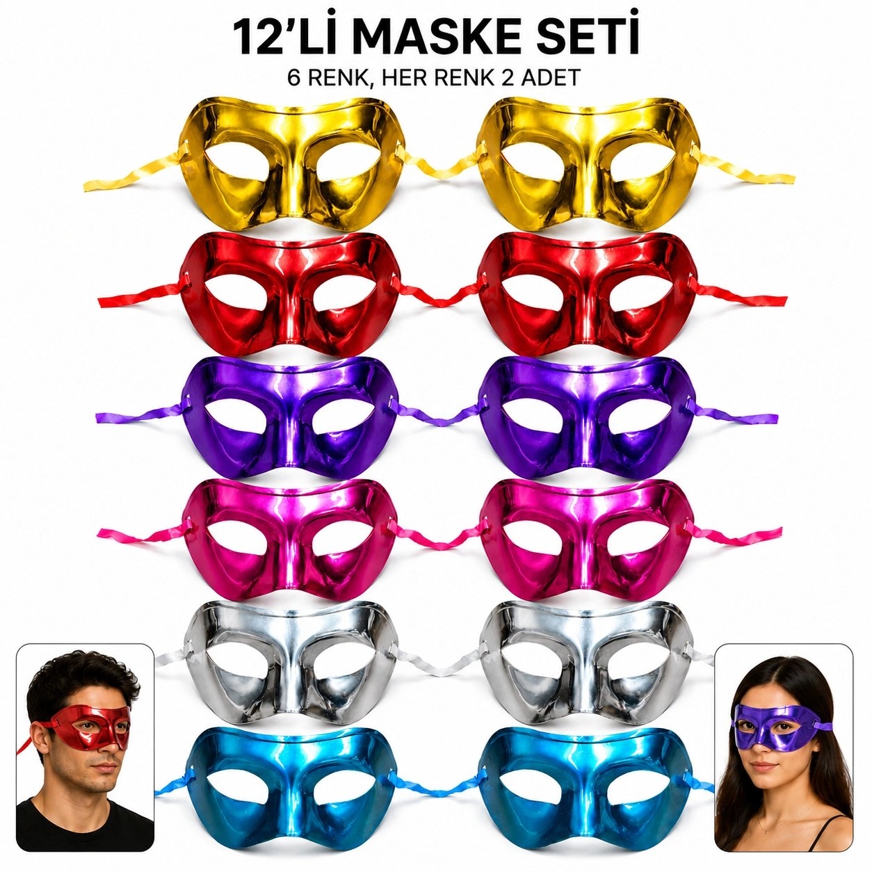 Mey İthalat® 12&amp;#39;li Metalik Venedik Toptan Parti Maskesi Seti – 6 Renk Karışık
