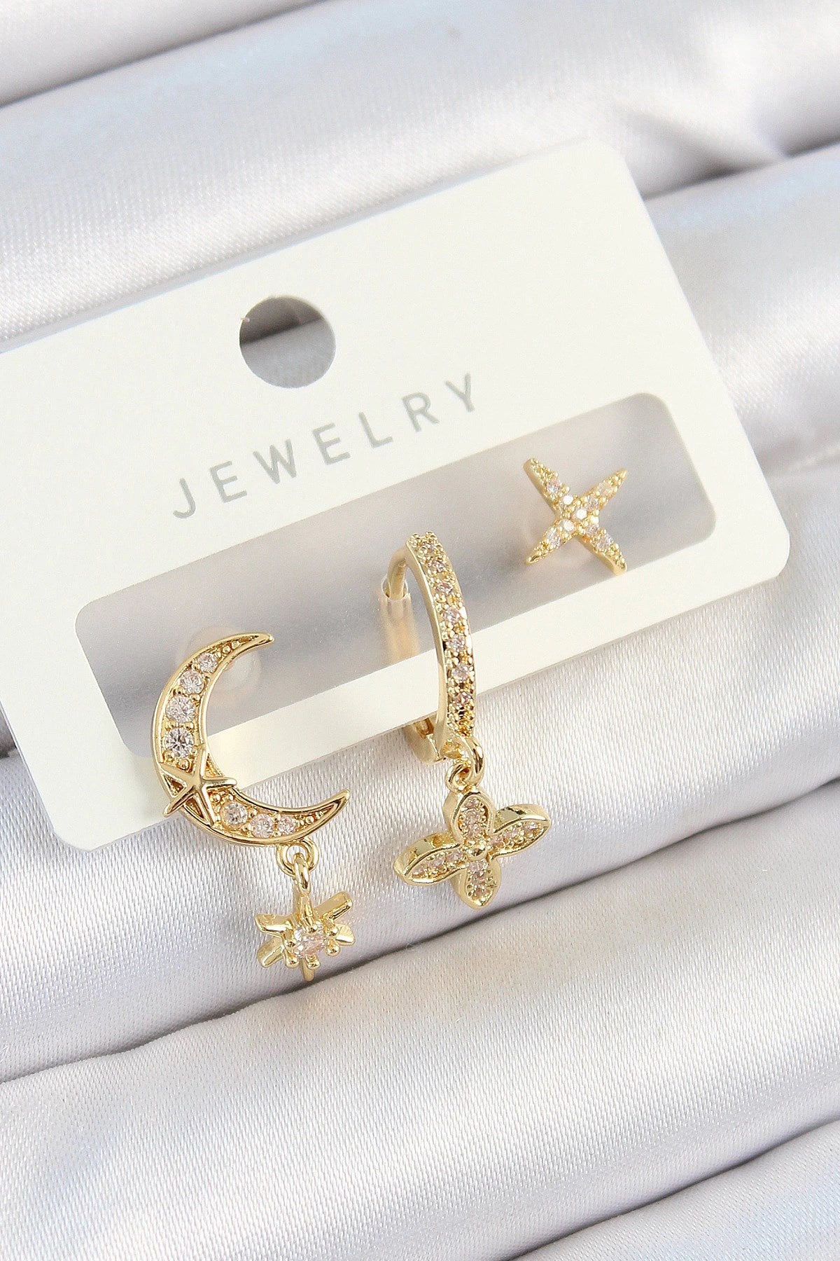 Mey İthalat® Pirinç Zirkon Taşlı Çiçek Ve Ay Model Gold Renk 3'lü Çift Kadın Küpe Set