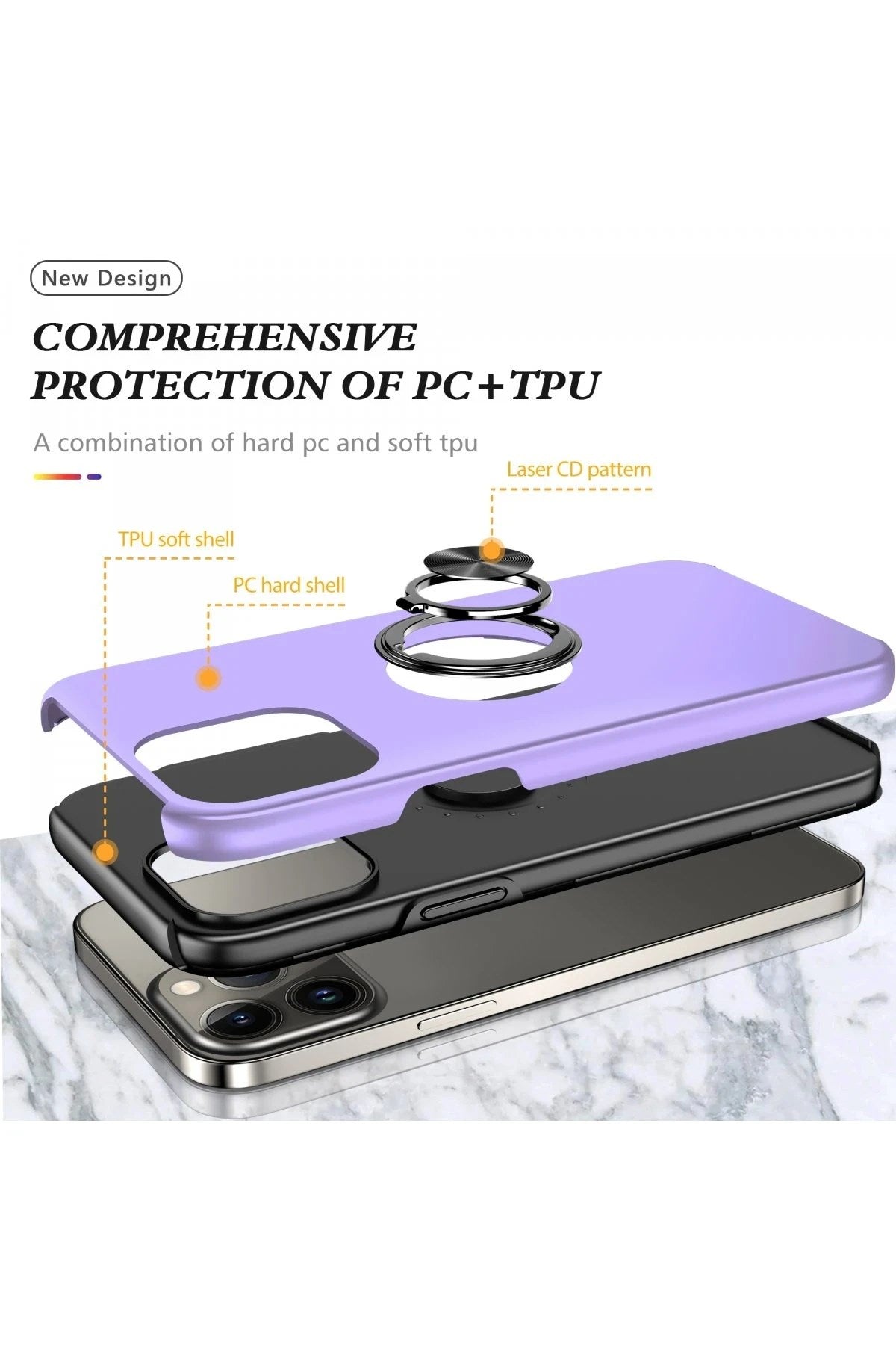 Mey İthalat® iPhone 13 Pro Kılıf Elit Yüzüklü Kapak - Mor