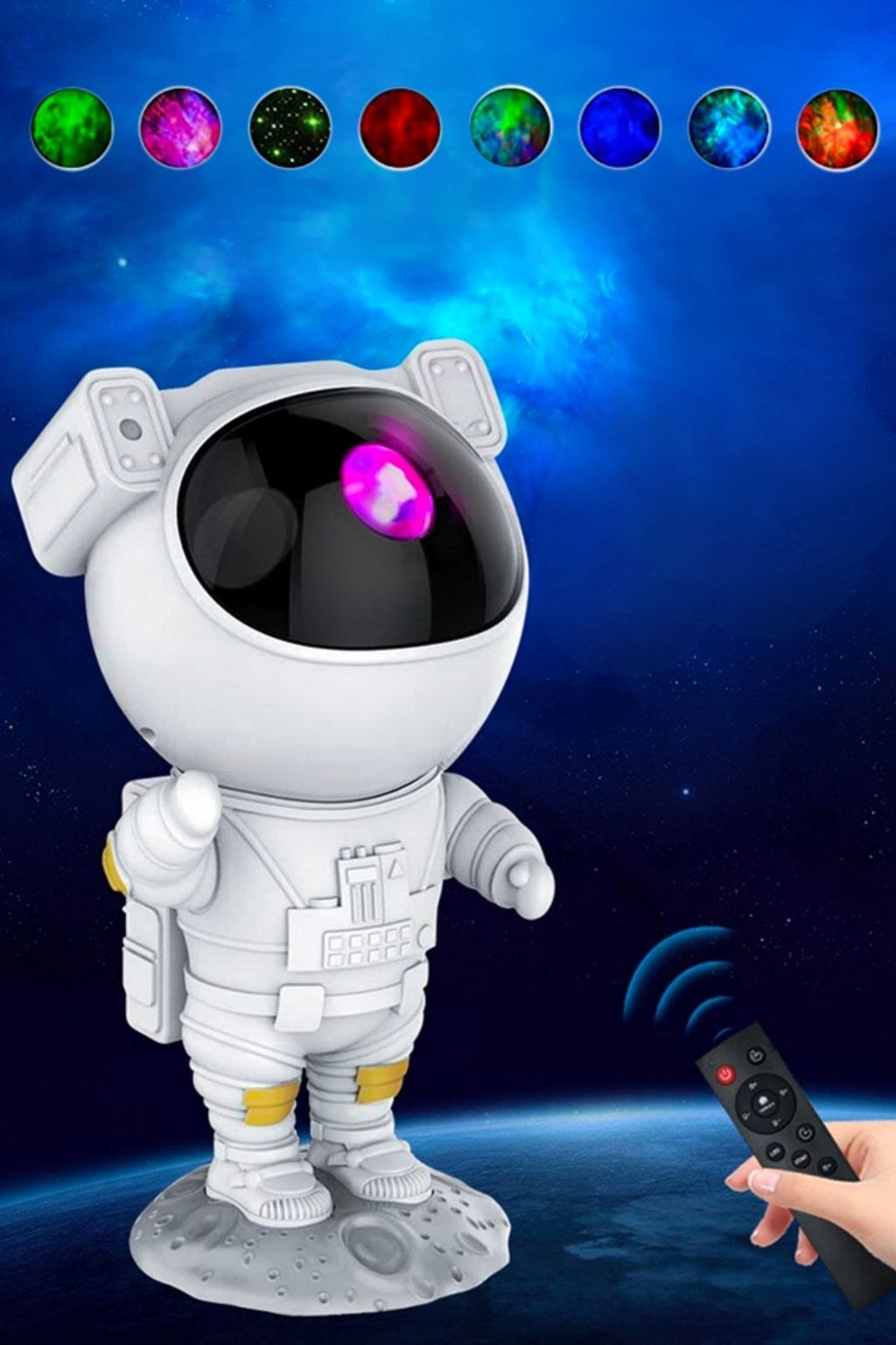 Uzaktan Kumandalı ve Zamanlayıcılı Farklı Renk Işık Modlu Astronot Projektör Gece Lambası