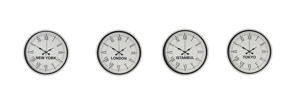 Beyaz Dekoratif 4’lü Dünya Saatleri Seti 36 cm – Otel & Ofis Tipi