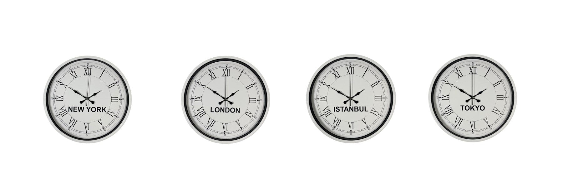 Beyaz Dekoratif 4’lü Dünya Saatleri Seti 36 cm – Otel & Ofis Tipi