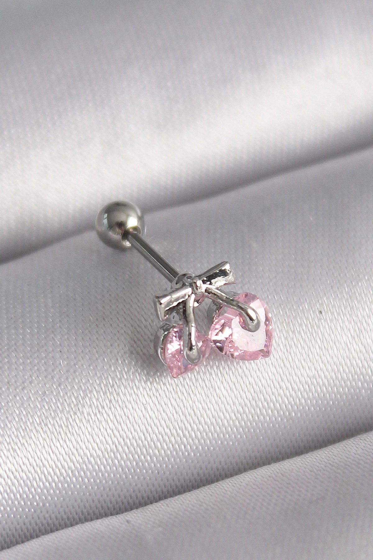 Mey İthalat® 316L Çelik Gümüş Renk Pembe Zirkon Taşlı Kalp Tragus Piercing