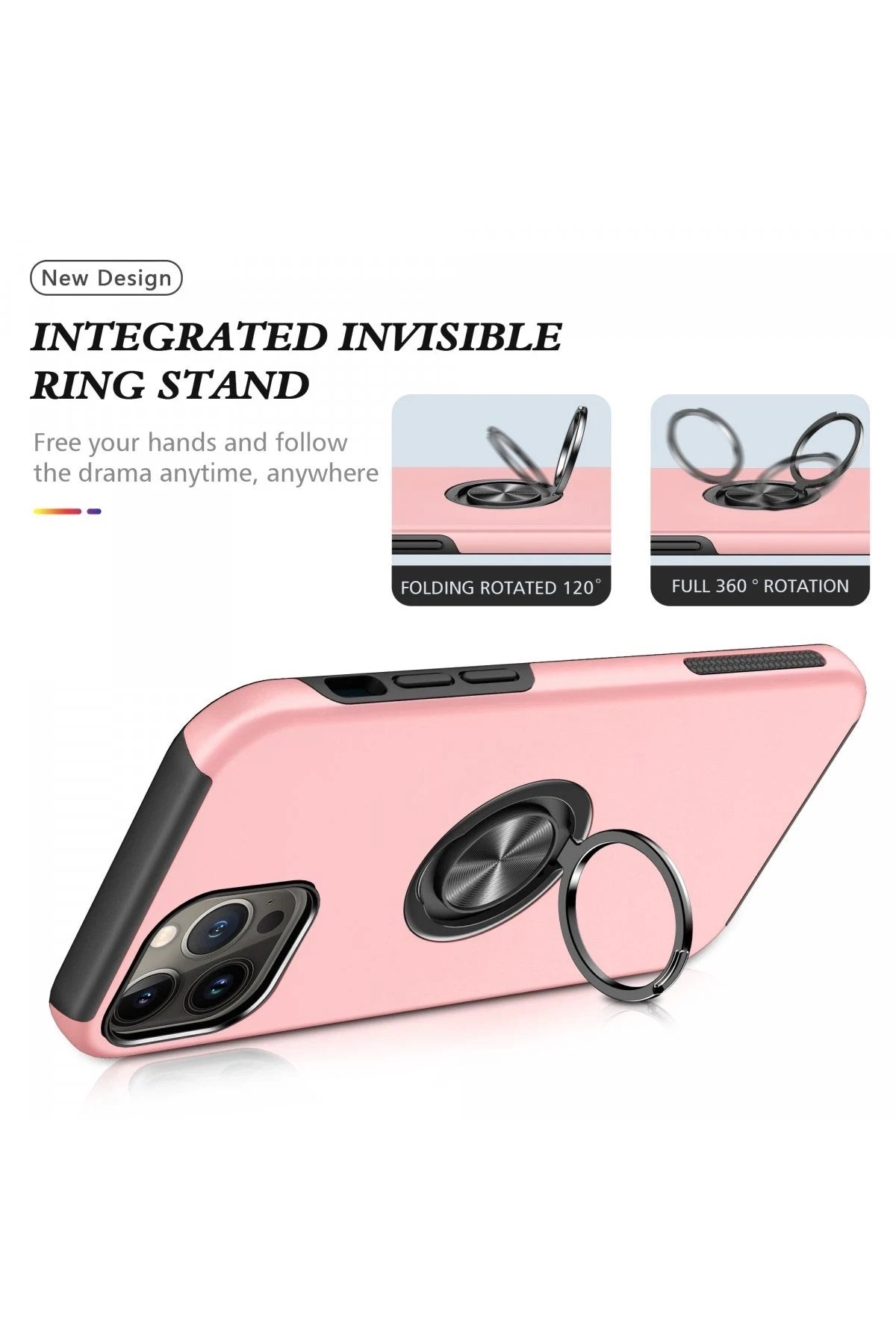 Mey İthalat® iPhone 13 Pro Kılıf Elit Yüzüklü Kapak - Pembe