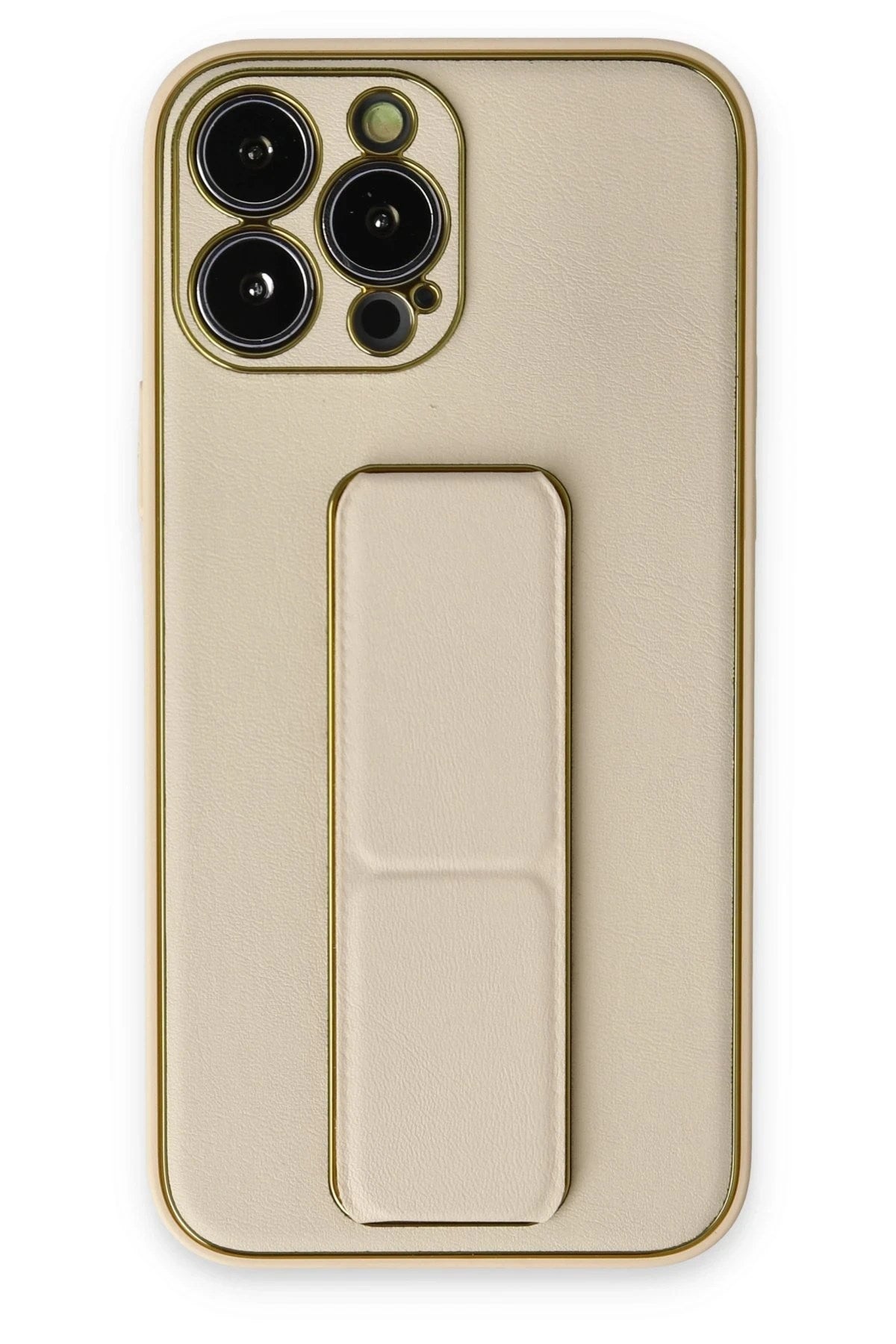 Mey İthalat® iPhone 13 Pro Kılıf Coco Deri Standlı Kapak - Gold