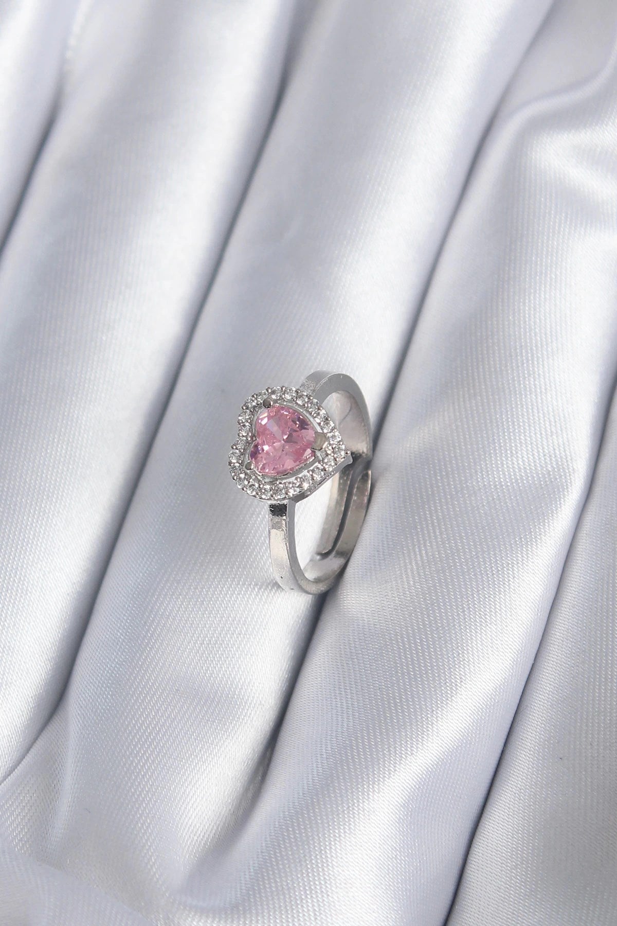Mey İthalat® Pirinç Gümüş Renk Pembe Zirkon Taşlı Charm Model Kadın Yüzük