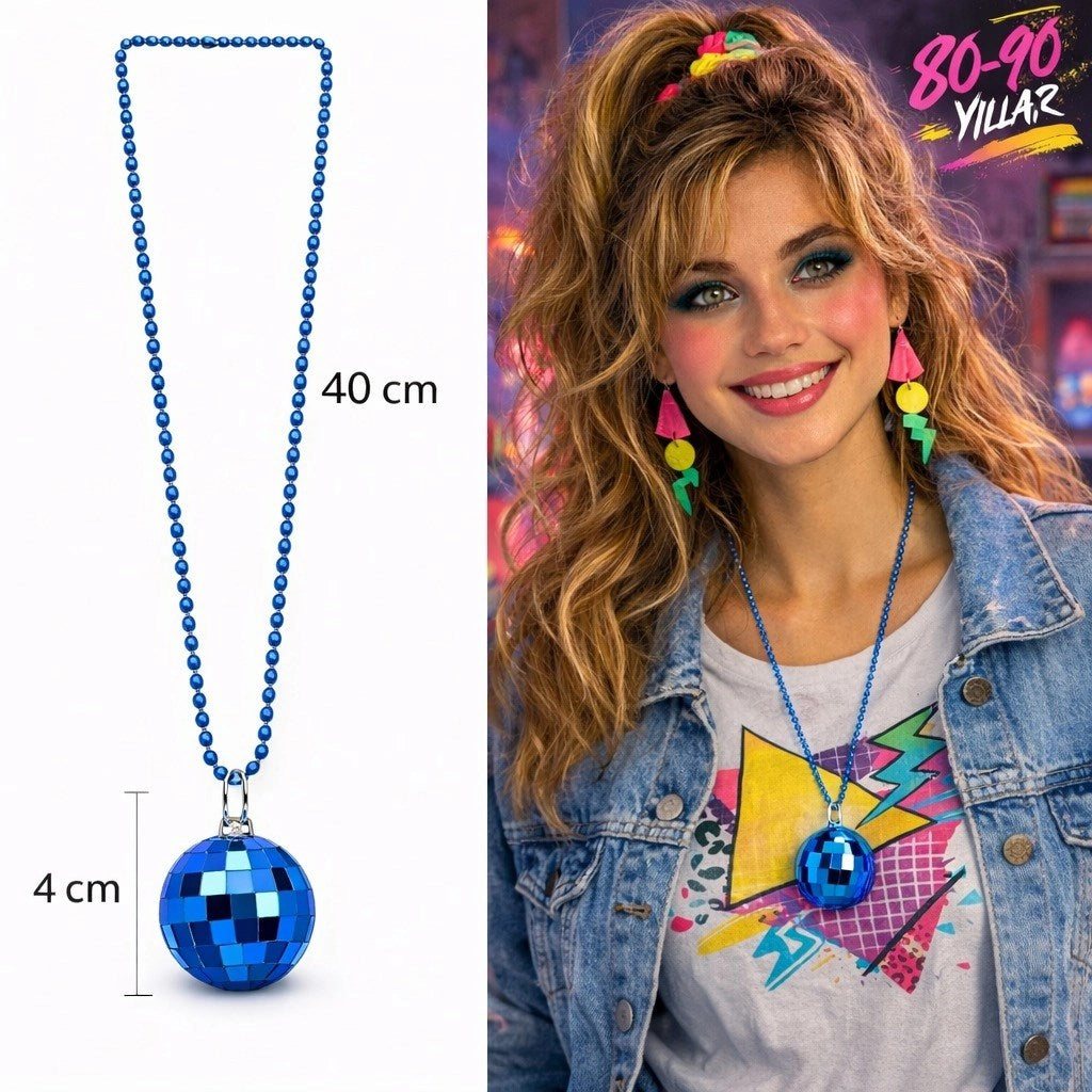 Mey İthalat® Retro Disko Topu Şekilli 80&amp;#39;ler 90&amp;#39;lar Mavi Renk Plastik Kolye
