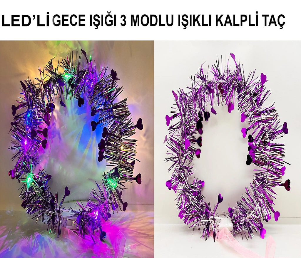 Mey İthalat® Kalp Püsküllü Gece Parıltısı 3 Modlu LED&amp;#39;li Işıklı Taç Mor Renk