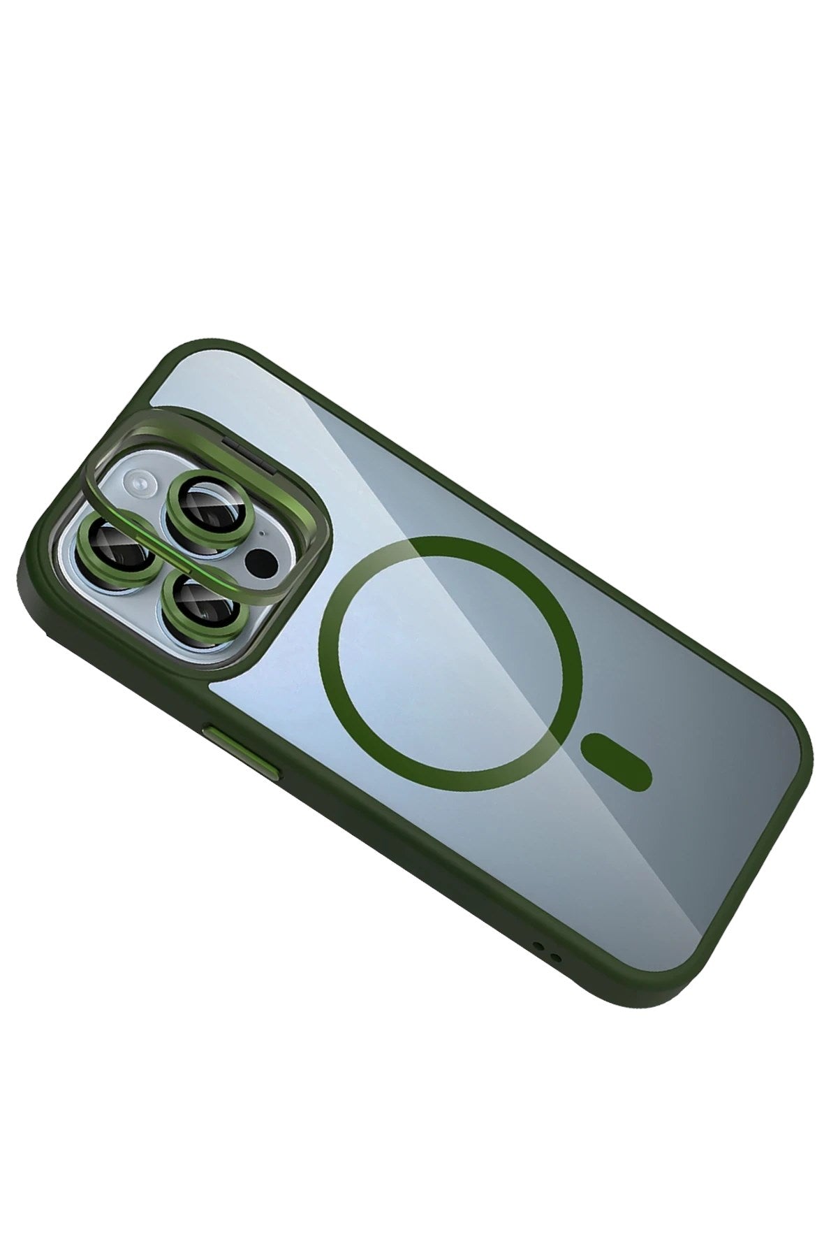Mey İthalat® iPhone 15 Pro Max Remim Lensli Magsafe Standlı Kapak - Koyu Yeşil