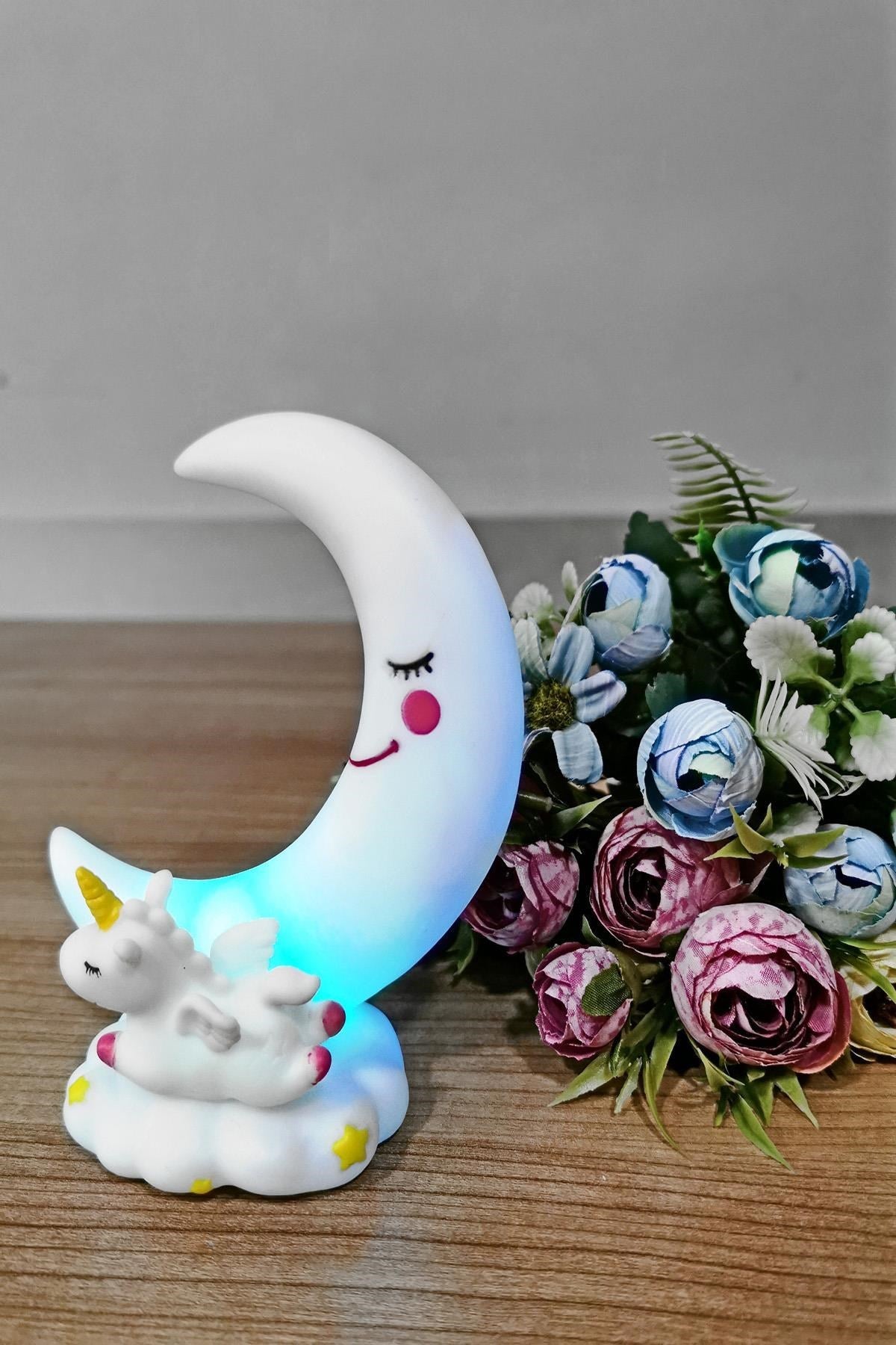 Sevimli Ay Ve Unicornlu Renk Değiştiren Gece Lambası Su Yeşili