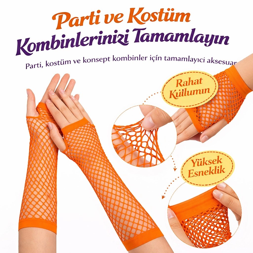 Mey İthalat® 80’ler 90’lar Retro Turuncu File Parmaksız Eldiven 26 cm