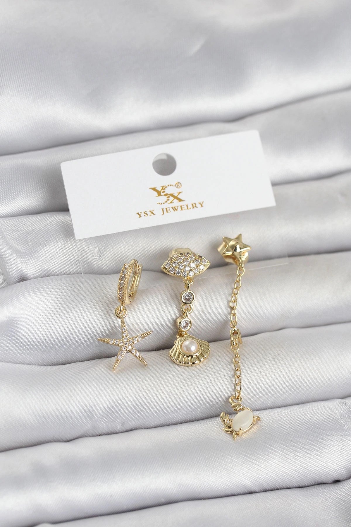 Mey İthalat® Pirinç Gold Renk Zirkon Taşlı Deniz Temalı 3'lü Kadın Küpe