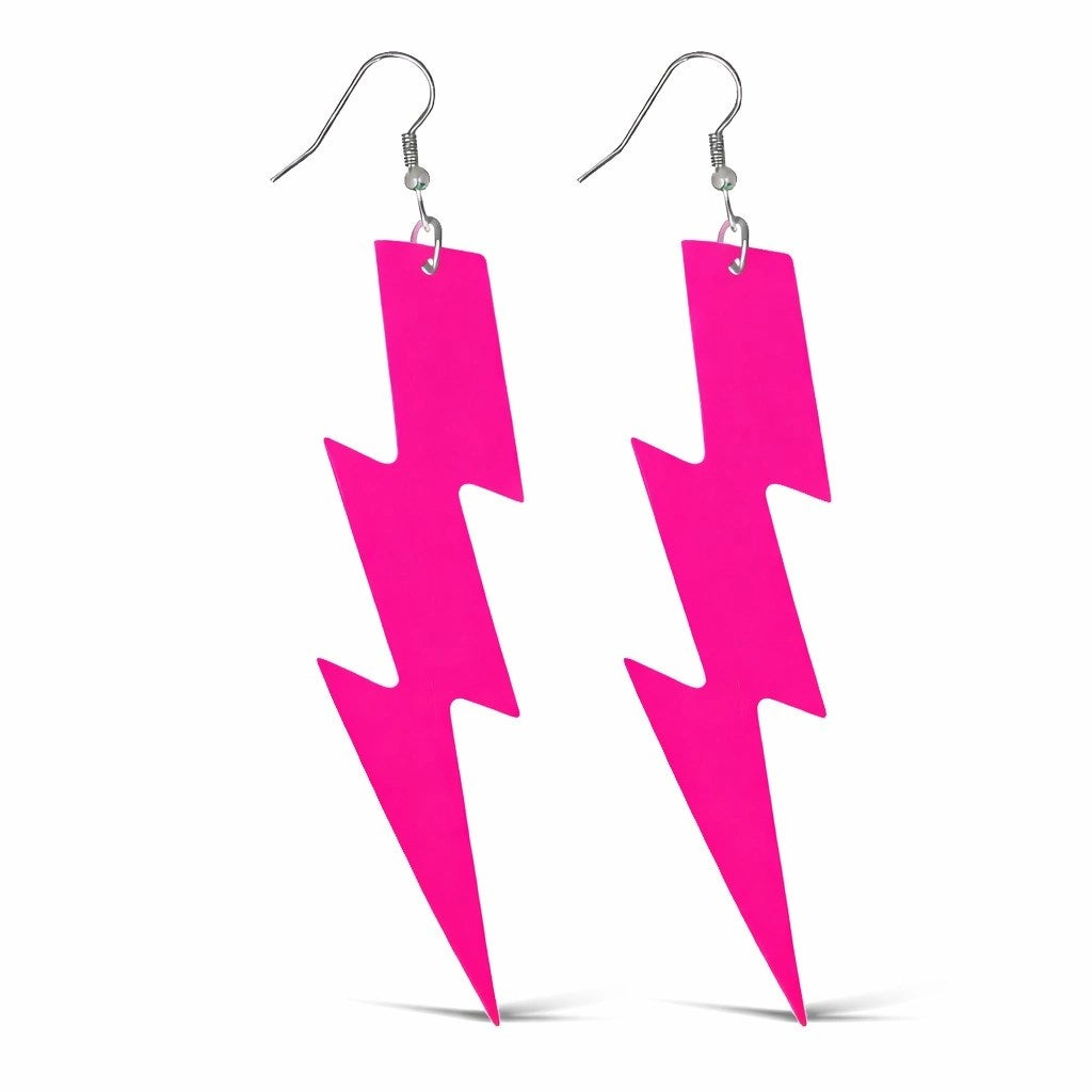 Mey İthalat® 80’ler 90&amp;#39;lar Retro Neon Pembe Şimşek Küpe 10 cm