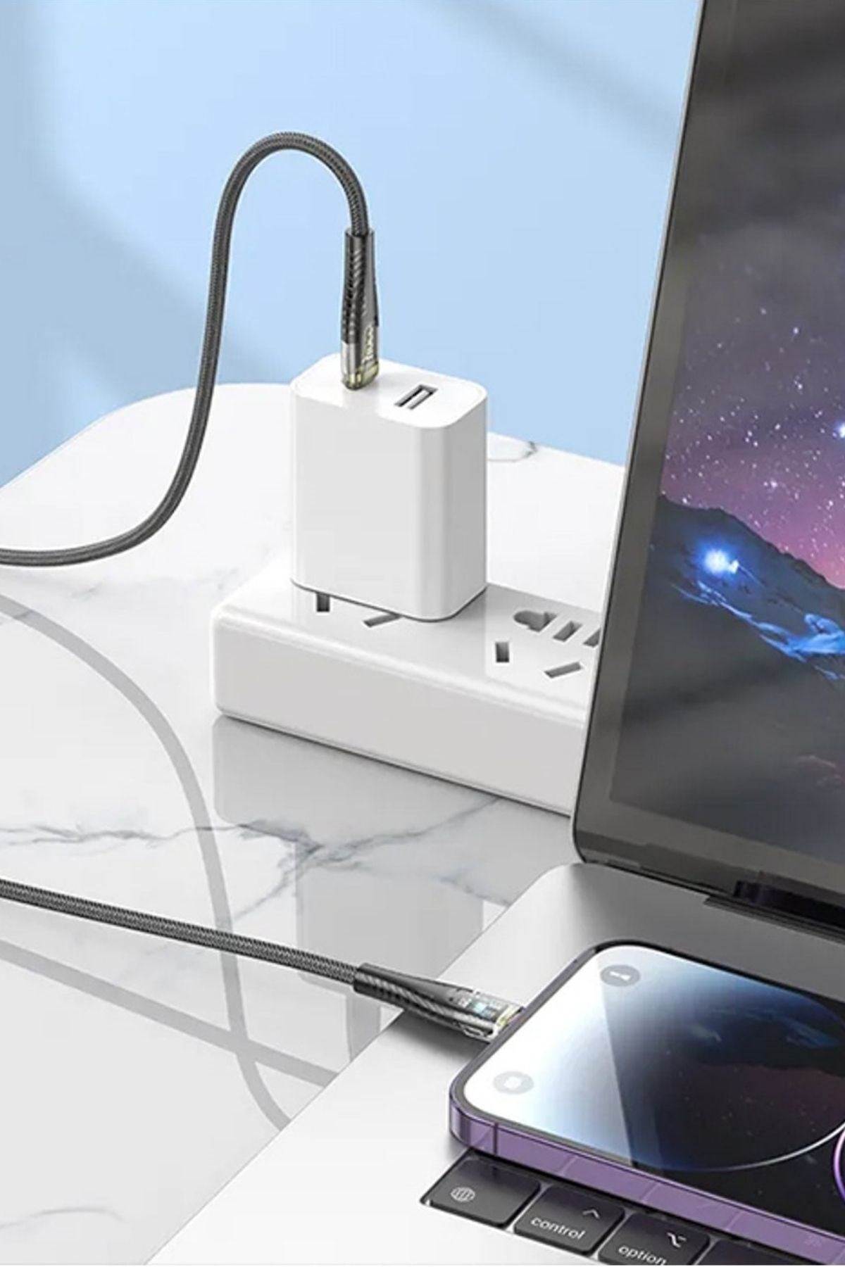 Led Işık Uçlu Sağlam İp Kablolu USB to Lightning Hızlı Şarj Kablosu
