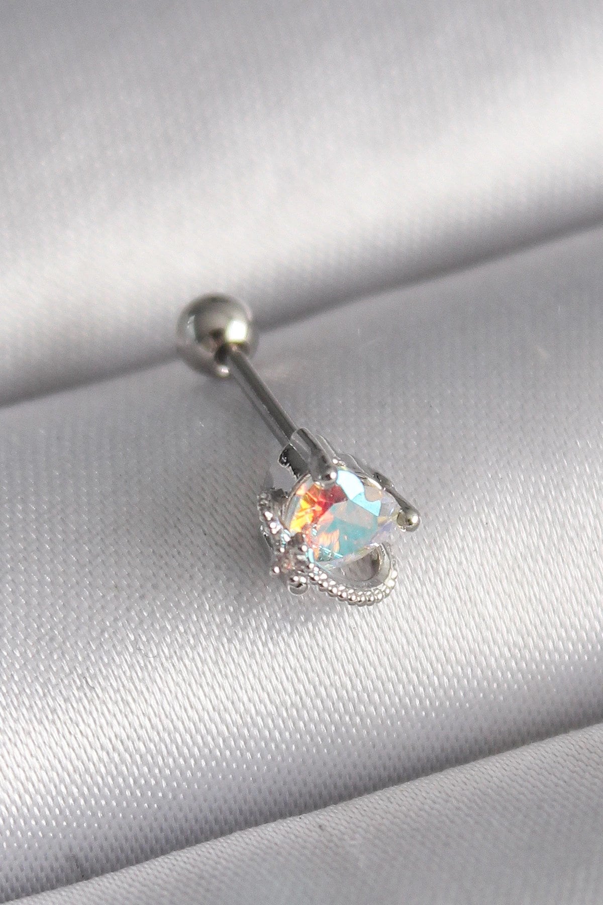 Mey İthalat® 316L Çelik Gümüş Renk Zirkon Taşlı Kalp Tragus Piercing