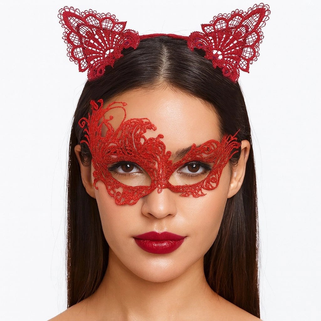 Mey İthalat® Gizemli Kırmızı Dantel Maske ve Taç Seti 1 No - Kostüm Seti