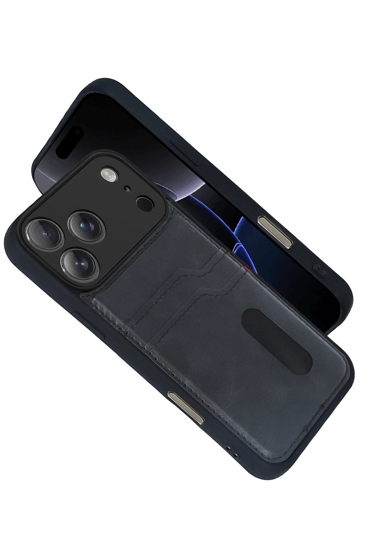 Mey İthalat® iPhone 17 Pro Sara Kartvizitli Deri Kılıf - Siyah