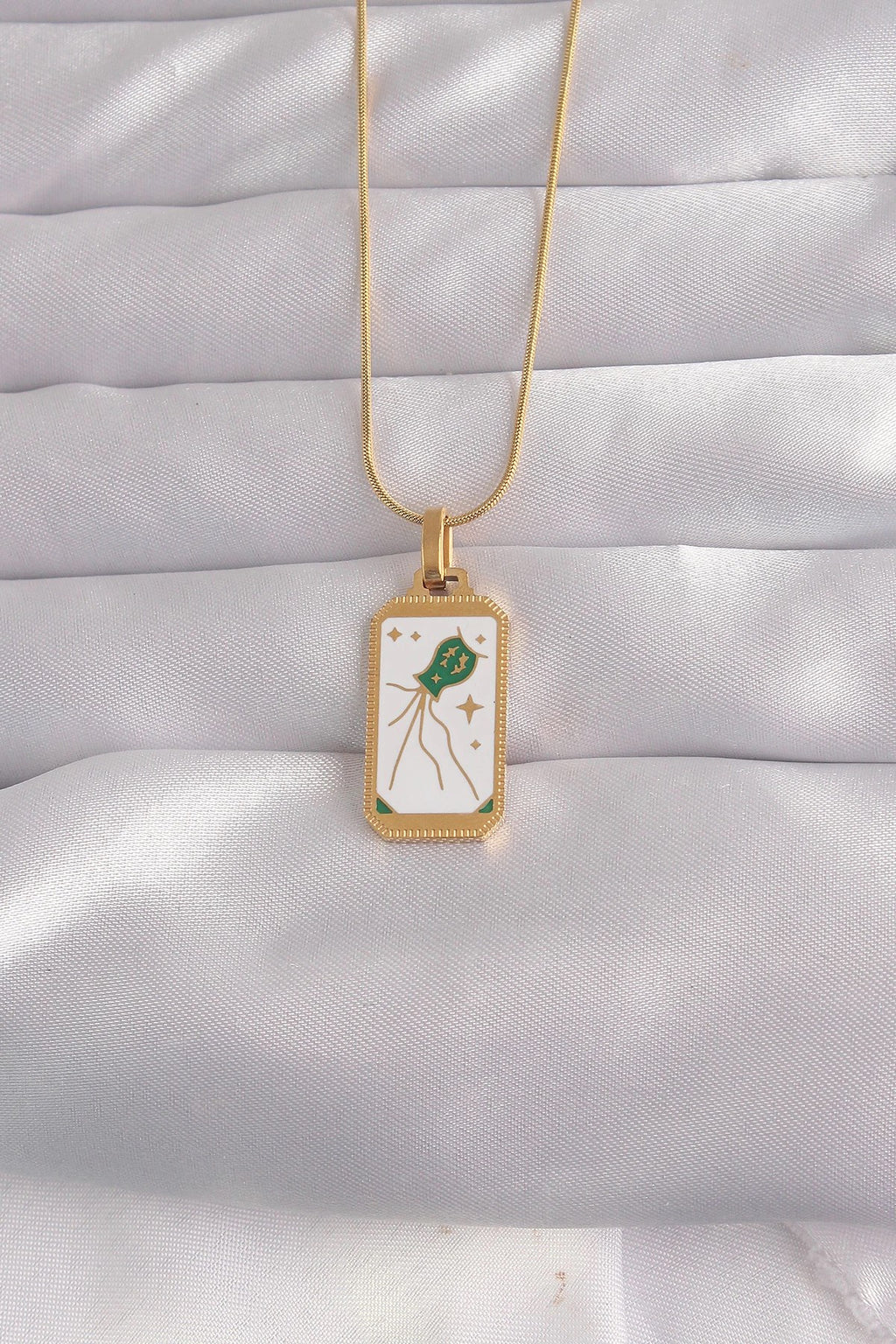 Mey İthalat® 316L Çelik Gold Renk Beyaz Mineli Tarot Kolye