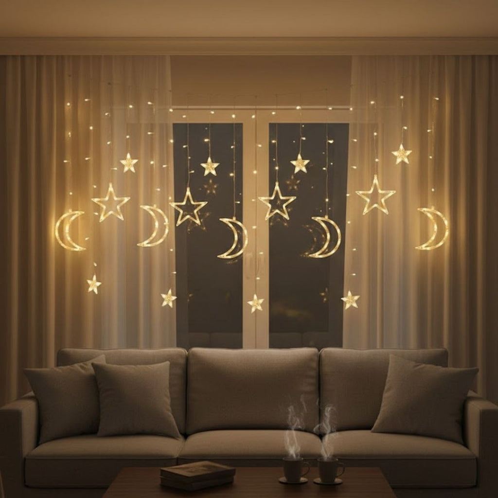Ay ve Yıldız Figürlü Kumandalı 12 Sarkıtlı 120 LED Dekor Işık – Dekoratif Ortam ve Masaüstü Aydınlatması