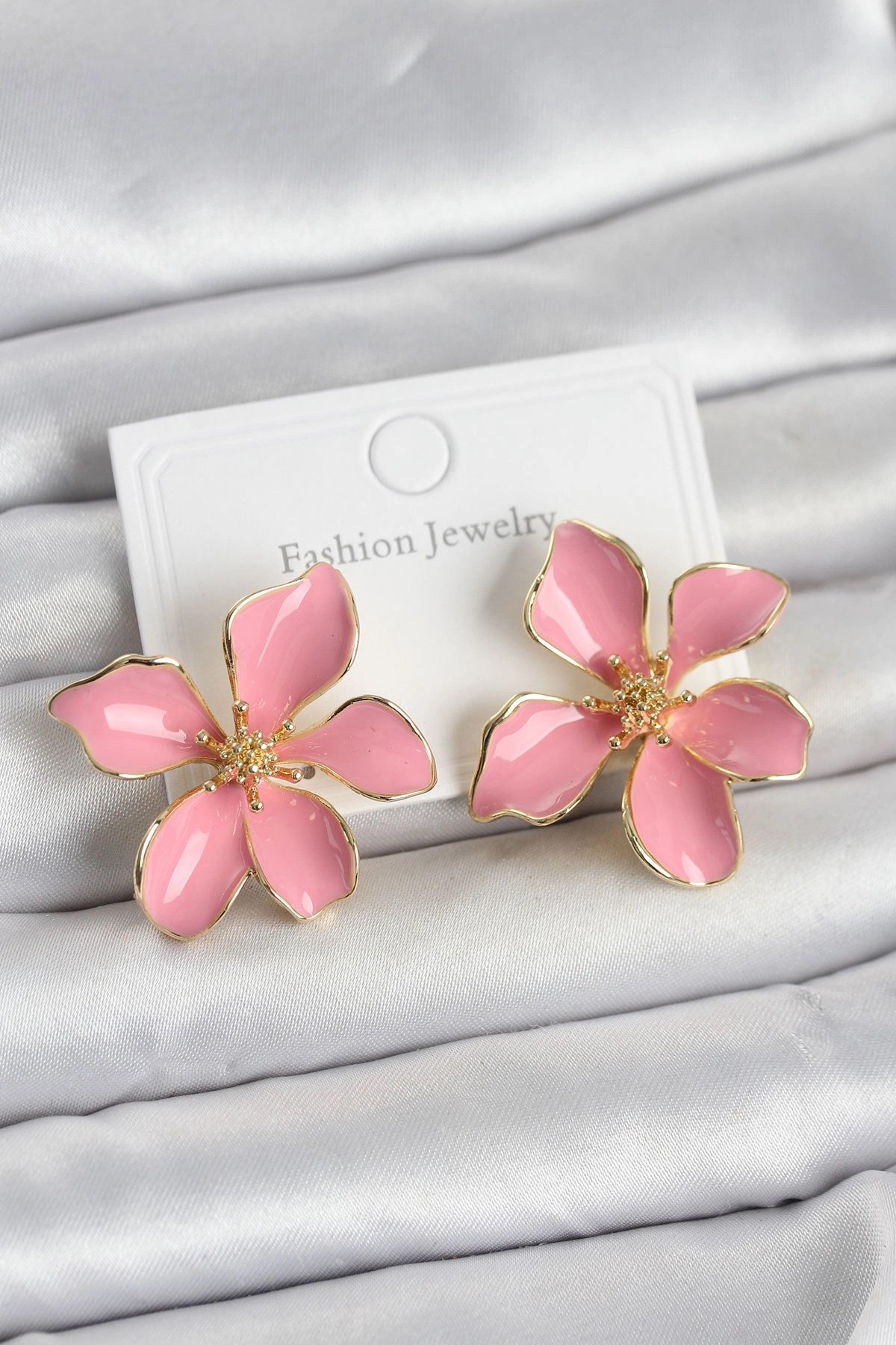 Mey İthalat® Pembe Mineli Çiçek Model Pirinç Kadın Küpe