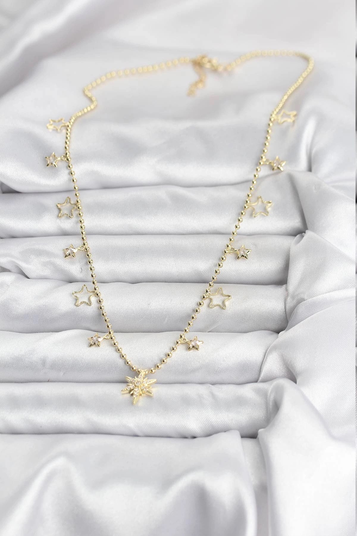 Mey İthalat® Pirinç Gold Renk Zirkon Taşlı Kutup Yıldızı Model Kadın Kolye