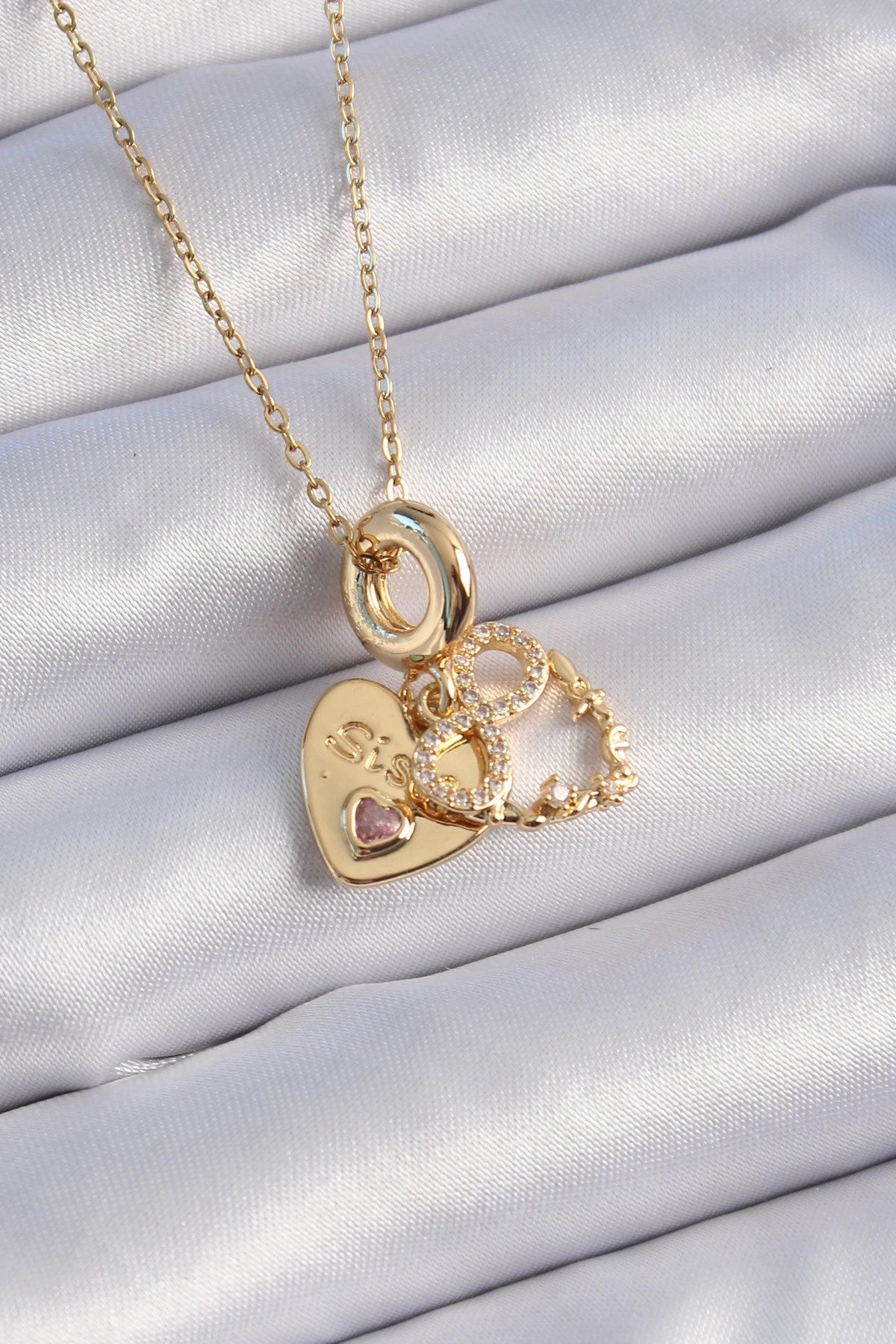 Mey İthalat® 316L Çelik Gold Renk Zirkon Taşlı Sonsuzluk Kalp Figür Charm Model Kadın Kolye