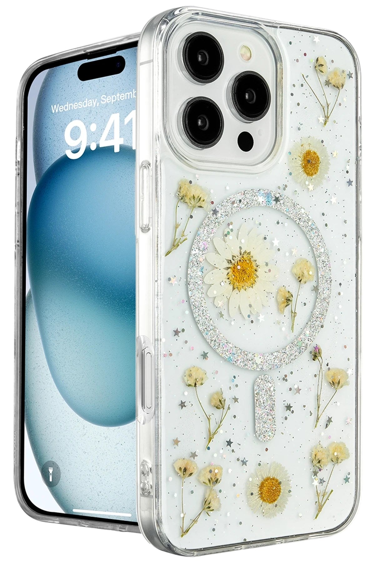 Mey İthalat® iPhone 16 Pro Kılıf Daisy Simli Magsafe Kapak - Gümüş
