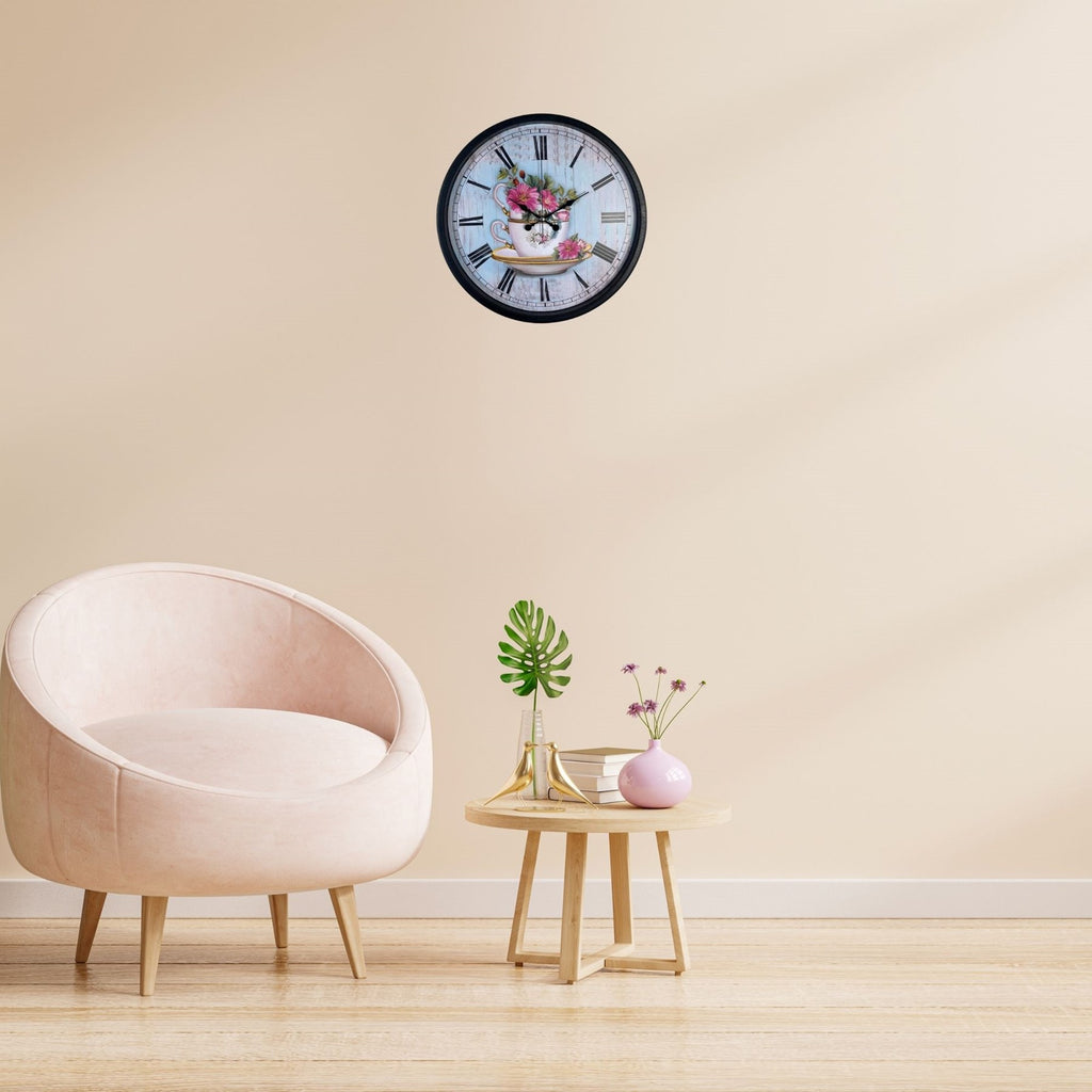 Siyah Floral Tea Cup Duvar Saati