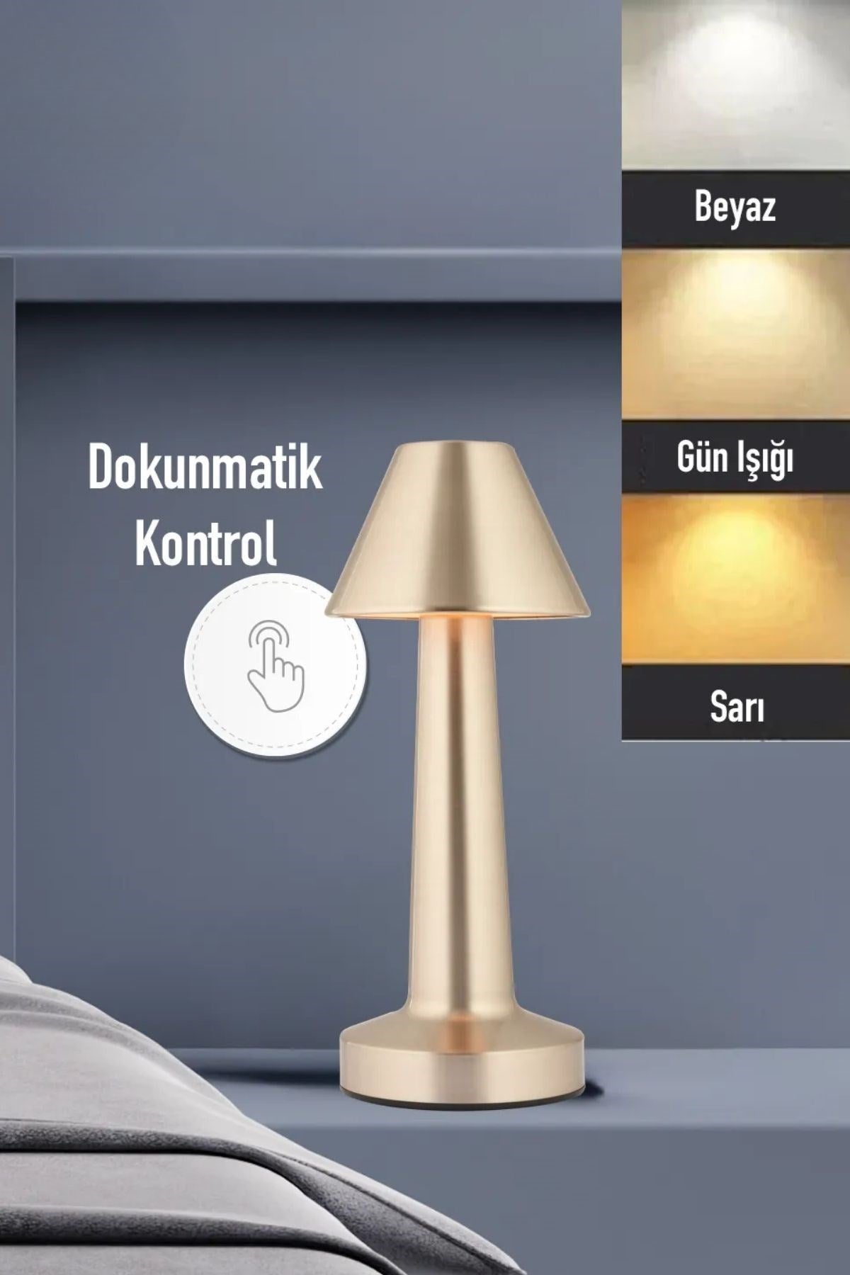 Çatı Model Gold Renk Şarjlı Dokunmatik 3 Renkli LED Masa Lambası