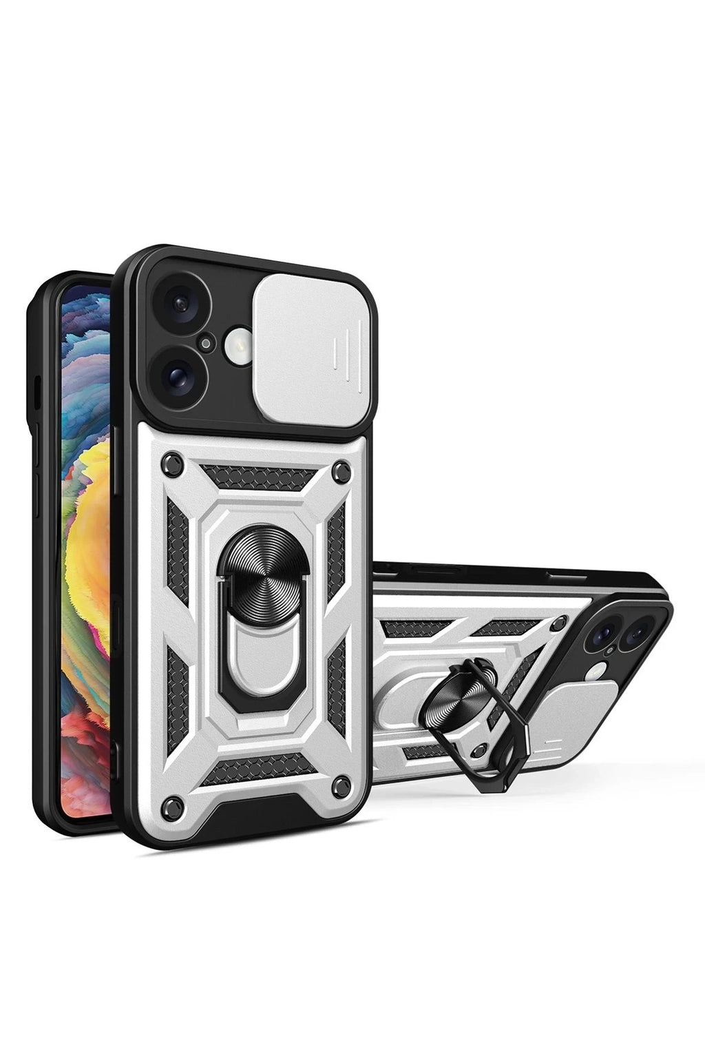 Mey İthalat® iPhone 16 Kılıf Pars Lens Yüzüklü Silikon - Gümüş