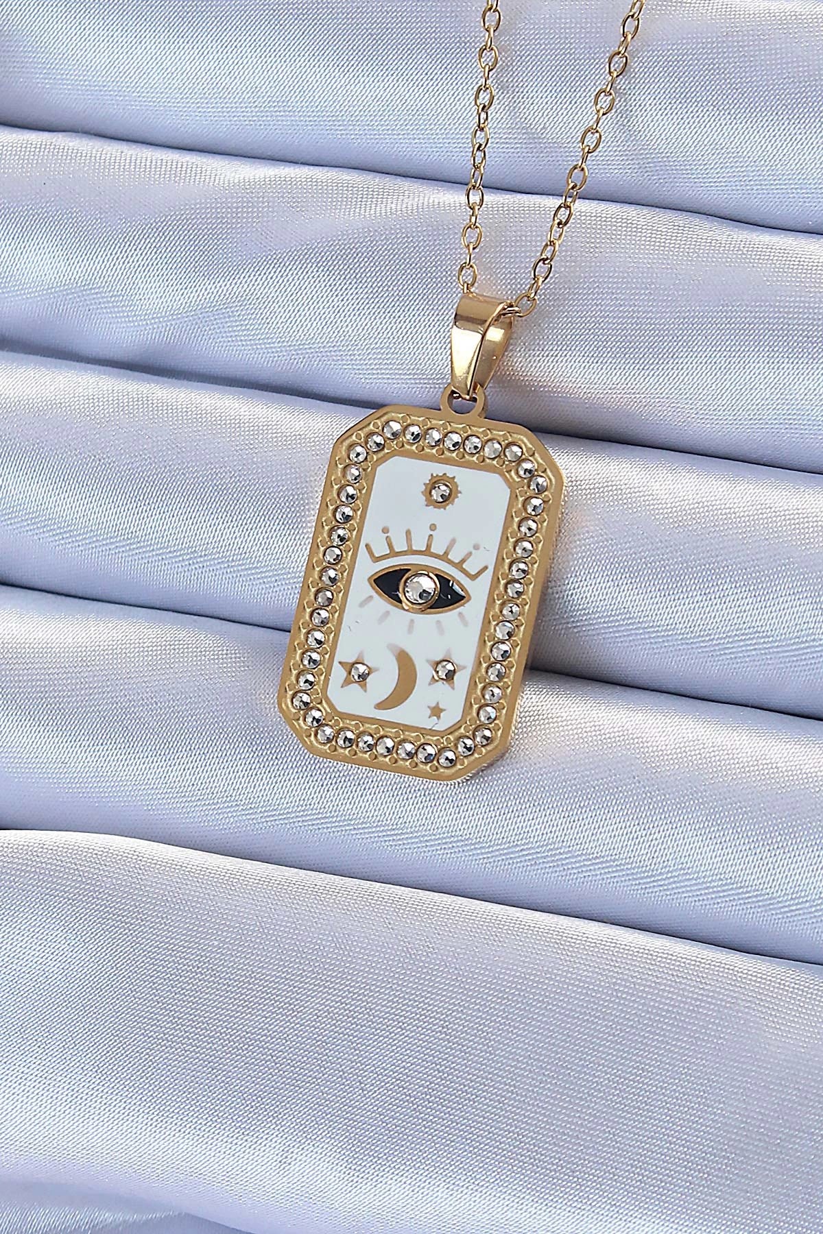Mey İthalat® 316L Çelik Zincir Altın Renk Mineli Zirkon Taşlı Göz Figür Tarot Kolye