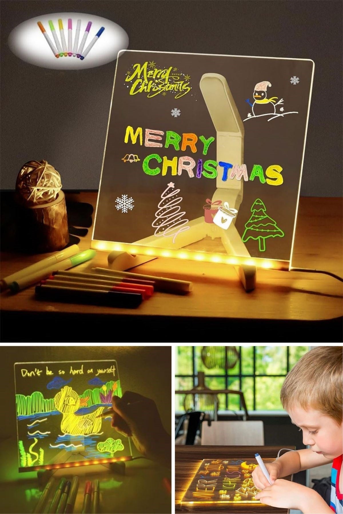 LED Işıklı Kendiliğinden Renkli Fosforlu Kalemli Kare Yazı Panosu 20x20 cm