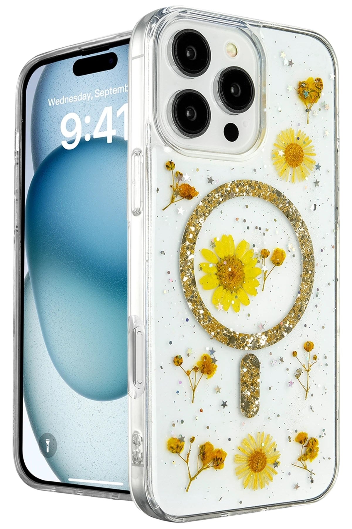 Mey İthalat® iPhone 16 Pro Kılıf Daisy Simli Magsafe Kapak - Gold