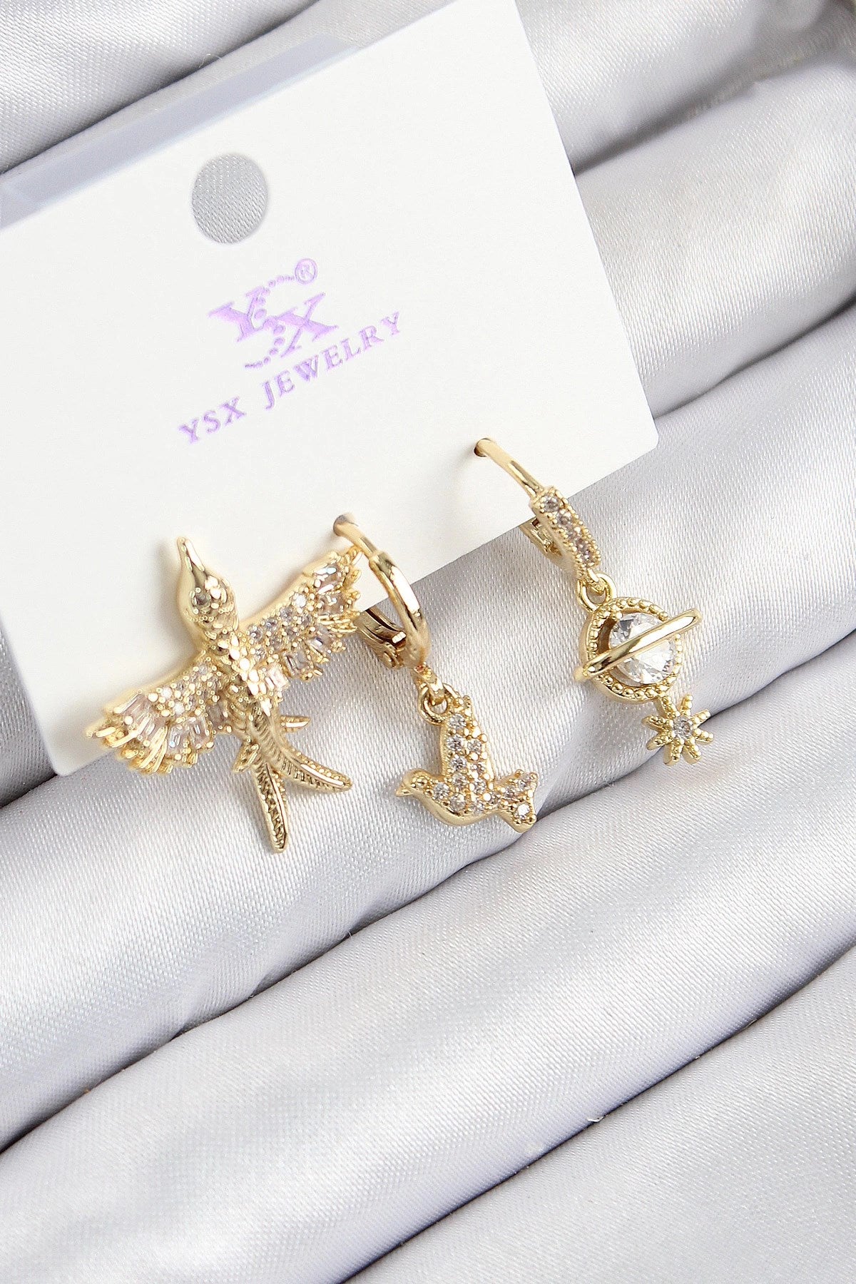 Mey İthalat® Pirinç Zirkon Taşlı 3'lü Kuş Model Gold Renk Kadın Küpe