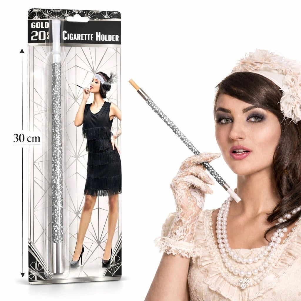 Mey İthalat® 30 cm Gümüş Payetli Sigara Tutacağı – 1920’ler Gatsby Parti Aksesuarı