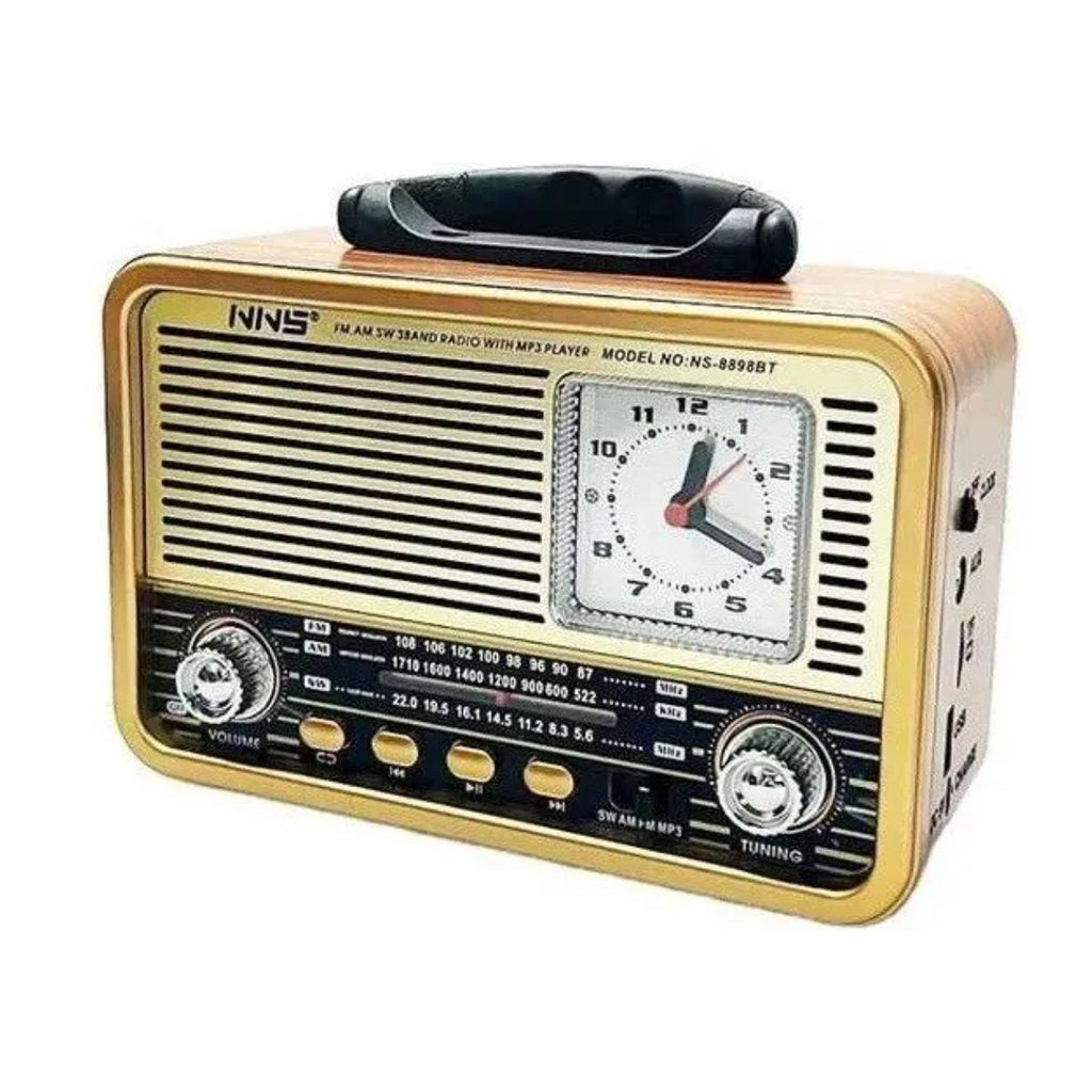 Orta Boy Saat Göstergeli Retro Ahşap Tasarım Bluetooth Hoparlörlü Radyo – FM/AM Destekli, Şarjlı ve Taşınabilir Radyo NS-8898