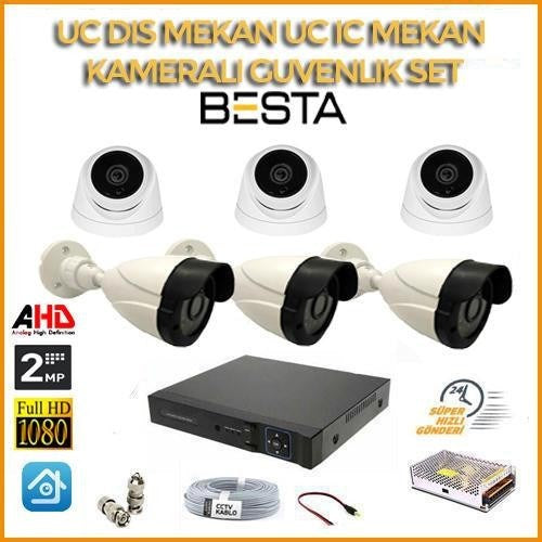 2MP 1080P 3 Dış Mekan 3 İç Mekan Kameralı Ahd Güvenlik Seti
