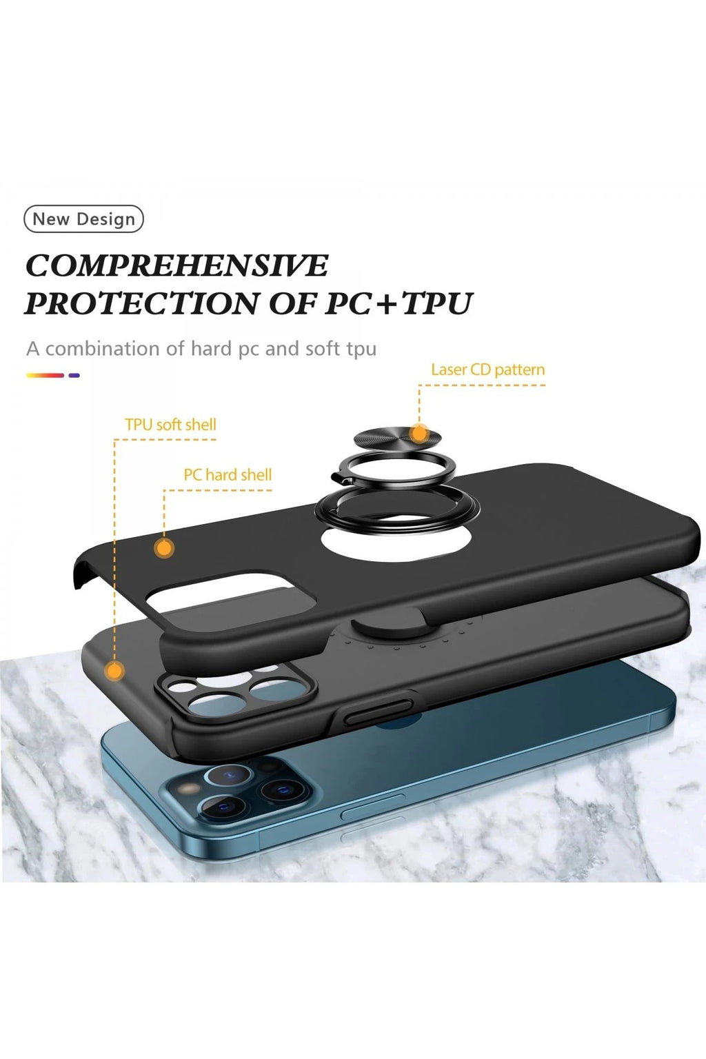 Mey İthalat® iPhone 12 Pro Max Kılıf Elit Yüzüklü Kapak - Siyah