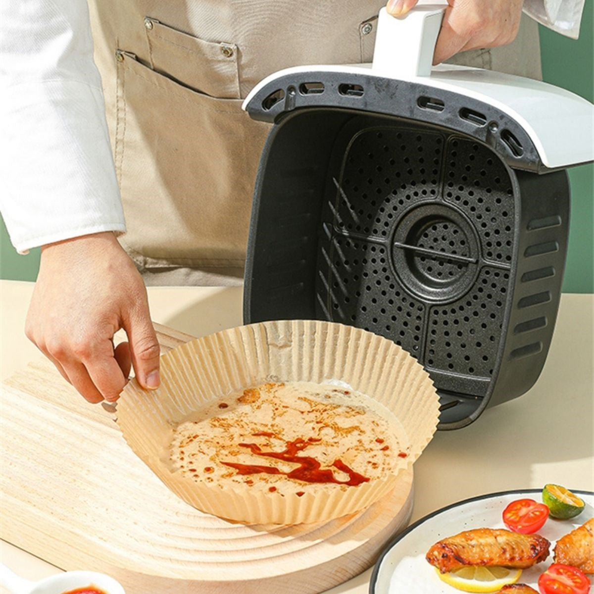 50 Adet 20 cm Air Fryer Pişirme Kağıdı Tek Kullanımlık Yağ Geçirmez Yuvarlak Tabak Model PVC