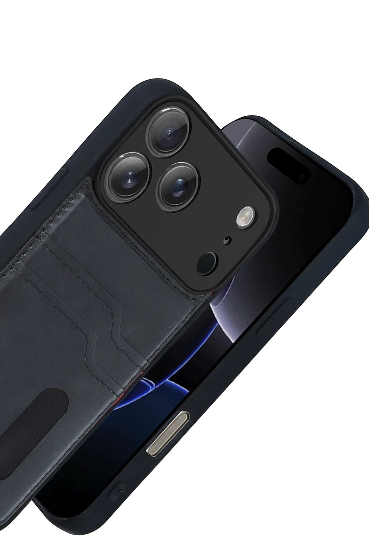 Mey İthalat® iPhone 17 Pro Max Sara Kartvizitli Deri Kılıf - Siyah