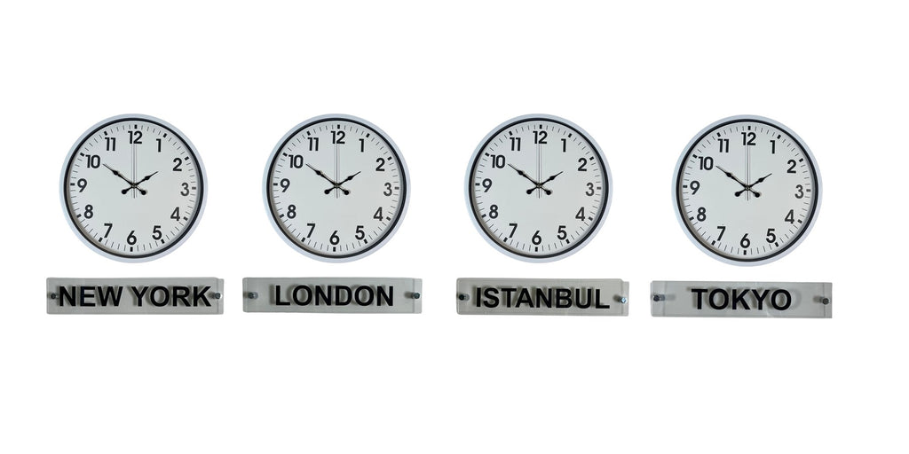 Modern Beyaz 4’lü 36 Cm Tabelalı Dünya Saatleri