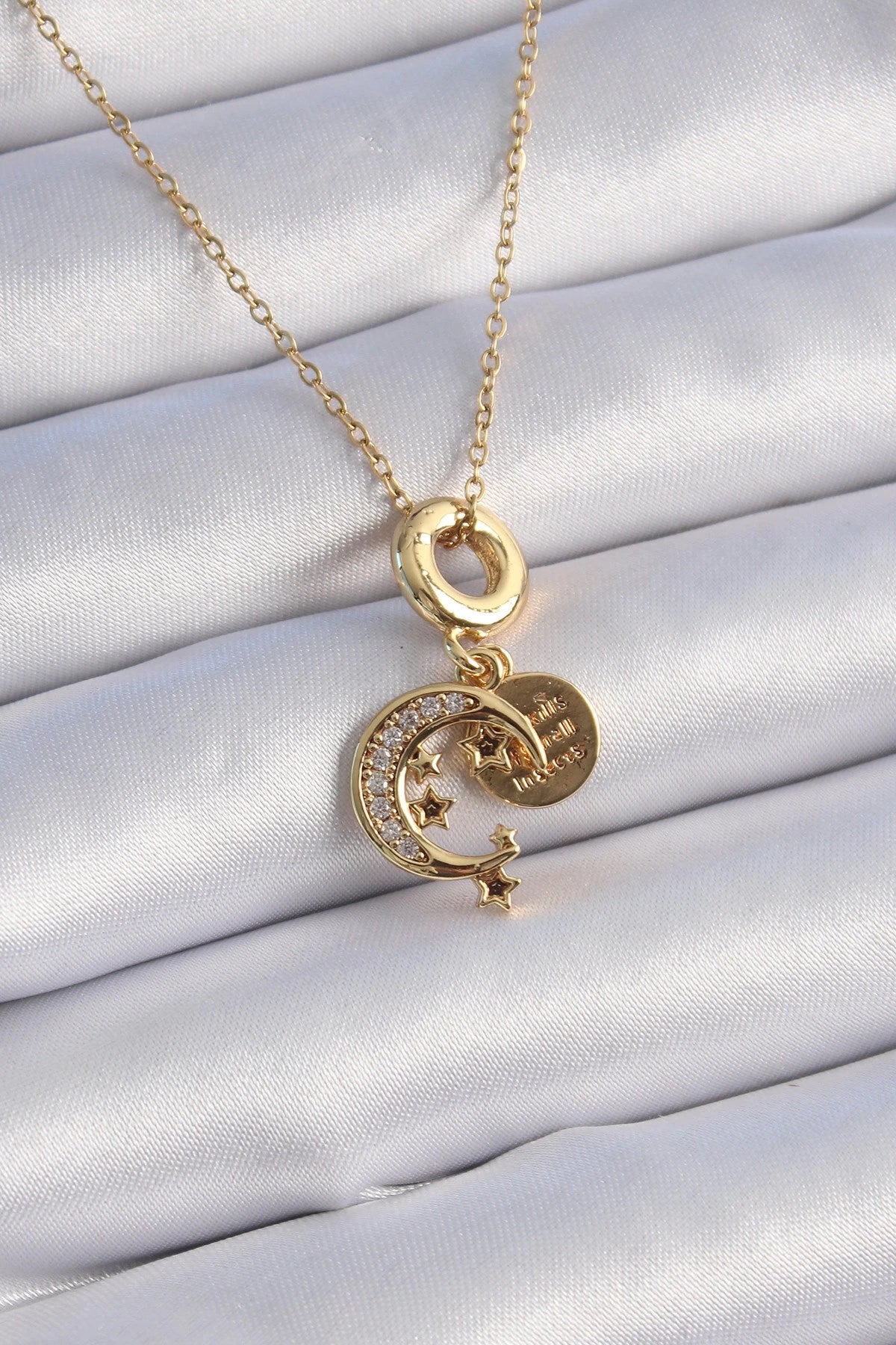 Mey İthalat® 316L Çelik Gold Renk Zirkon Taşlı Ay Yıldız Model Charm Model Kadın Kolye