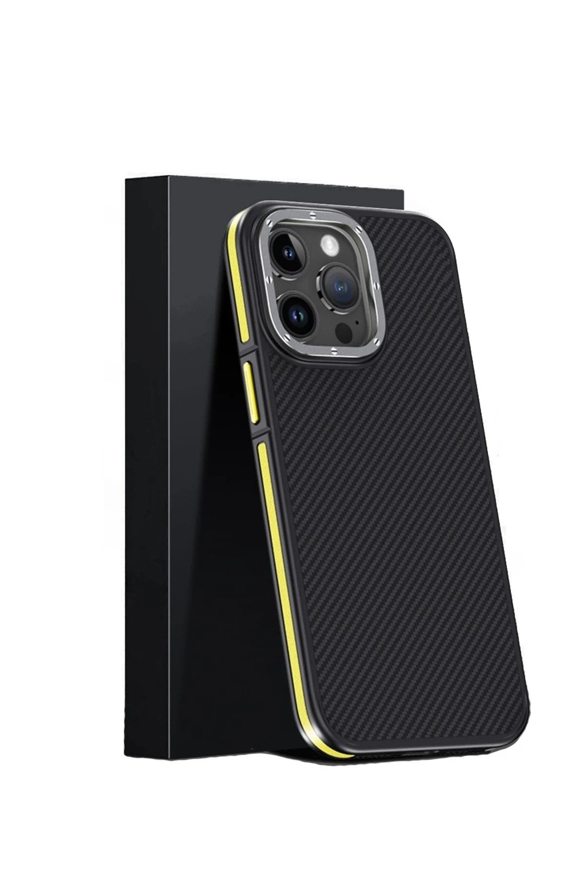 Mey İthalat® iPhone 15 Pro Kılıf Aramid 600D Kevlar Karbon Fiber Magsafe Kapak - Sarı