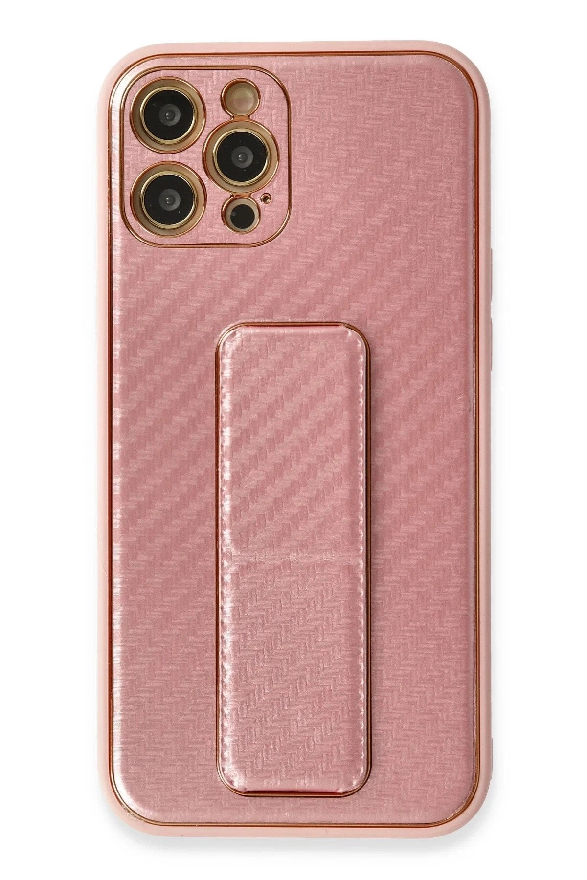 Mey İthalat® iPhone 12 Pro Kılıf Coco Karbon Standlı Kapak - Pembe