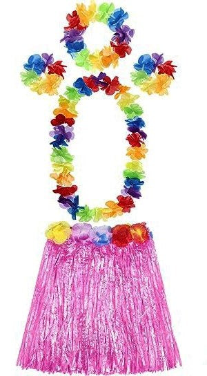 Mey İthalat® Yetişkin ve Çocuk Uyumlu Luau Aloha Hawaii Pembe Etek ve Renkli Kolye Taç 2 Adet Bileklik Seti