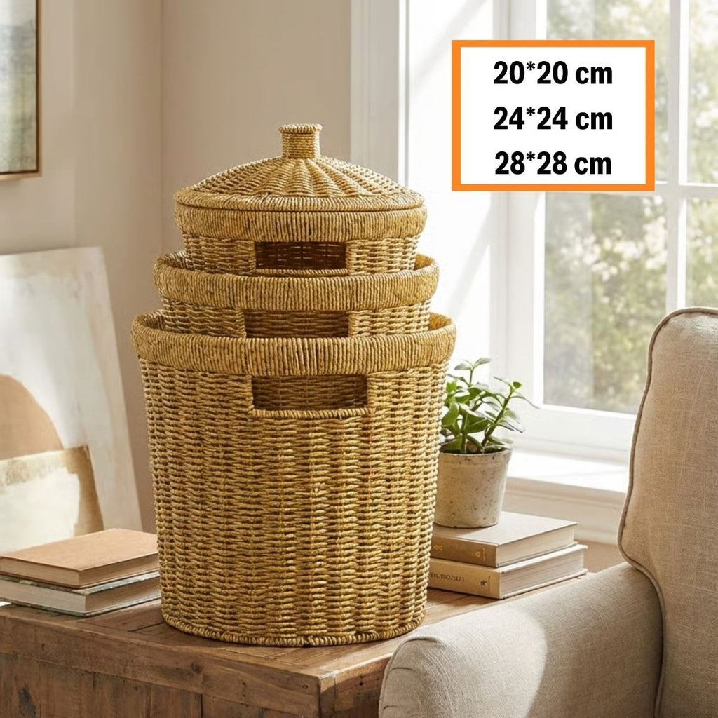 3’lü İç İçe Geçebilen Büyük Plastik Rattan Hasır Sepet Seti-Dayanıklı Çok Amaçlı Ev,Banyo ve Mutfak Düzenleyici