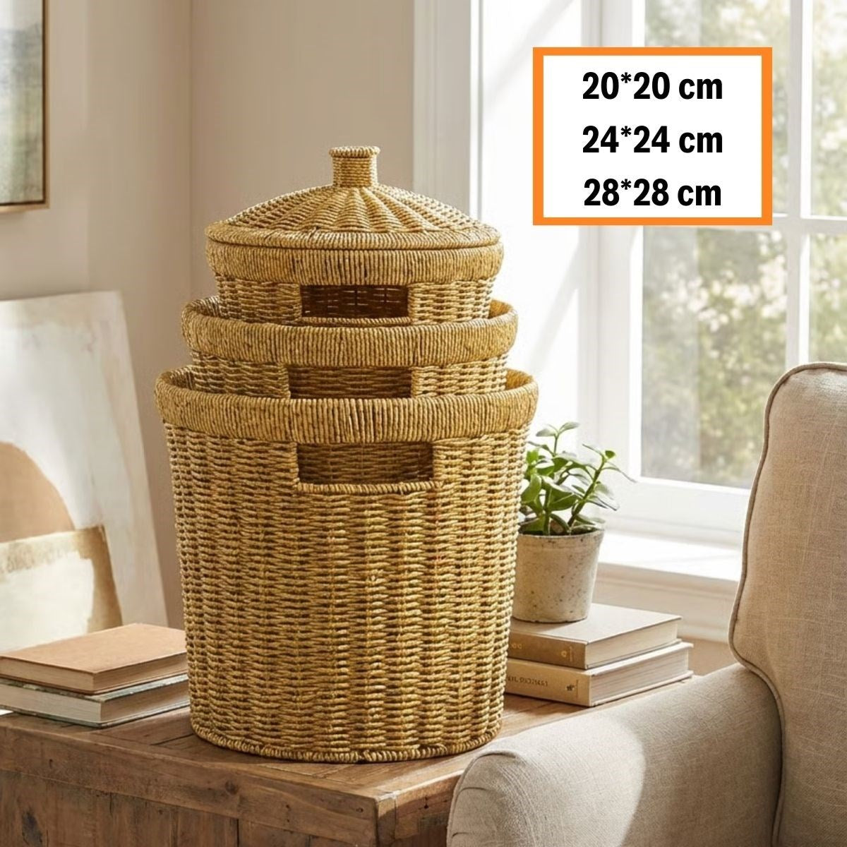 3’lü İç İçe Geçebilen Büyük Plastik Rattan Hasır Sepet Seti-Dayanıklı Çok Amaçlı Ev,Banyo ve Mutfak Düzenleyici