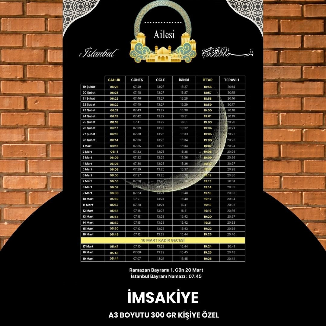 Ramazan İmsakiyesi - 300 Gr - A3 Boyut Kişiye Özel İsimli & Logolu 1 Adet Siyah-sarı