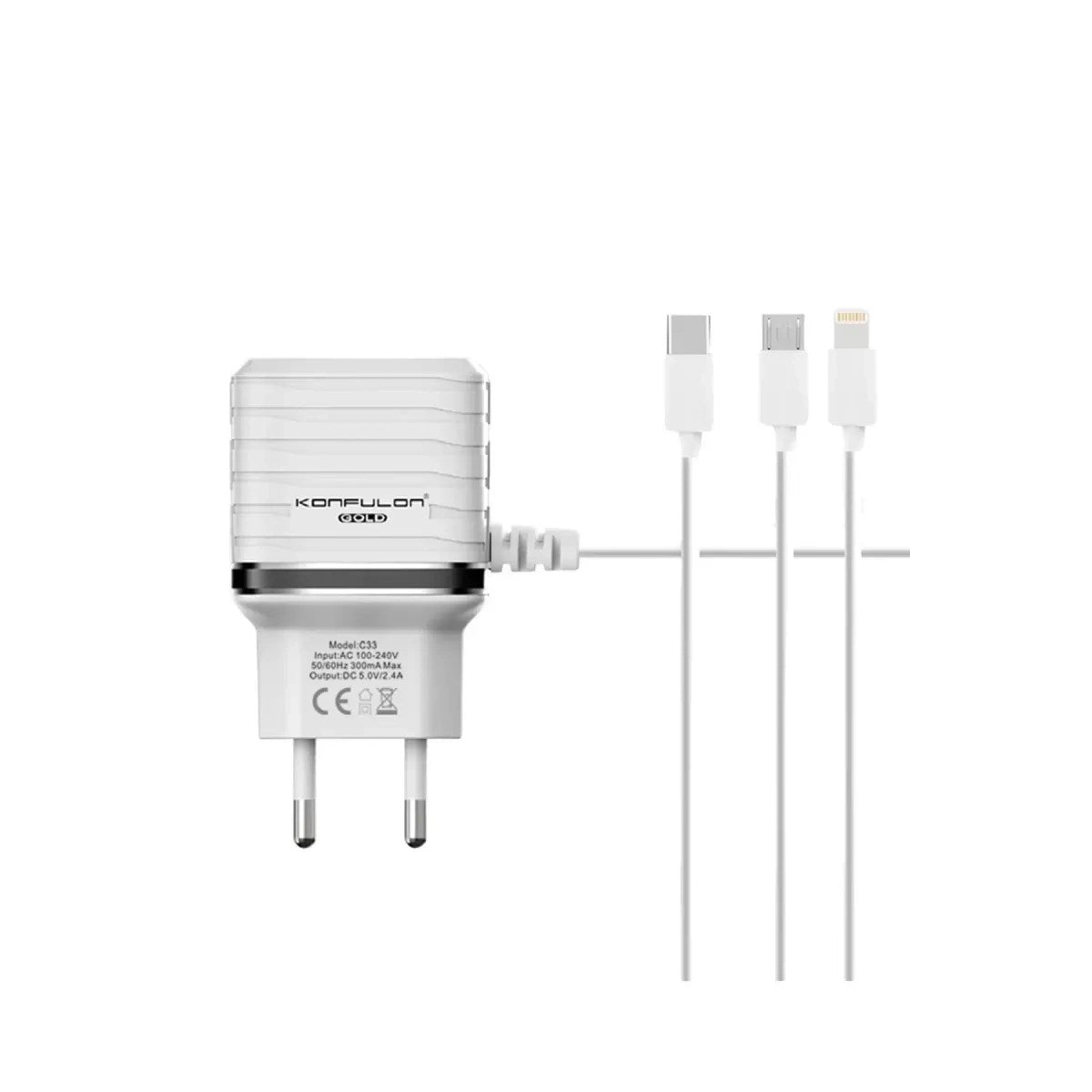 Mey İthalat® C33 Hızlı Şarj Cihazı 3in1 (Dahili Lightning Kablo iphone Uyumlulu)